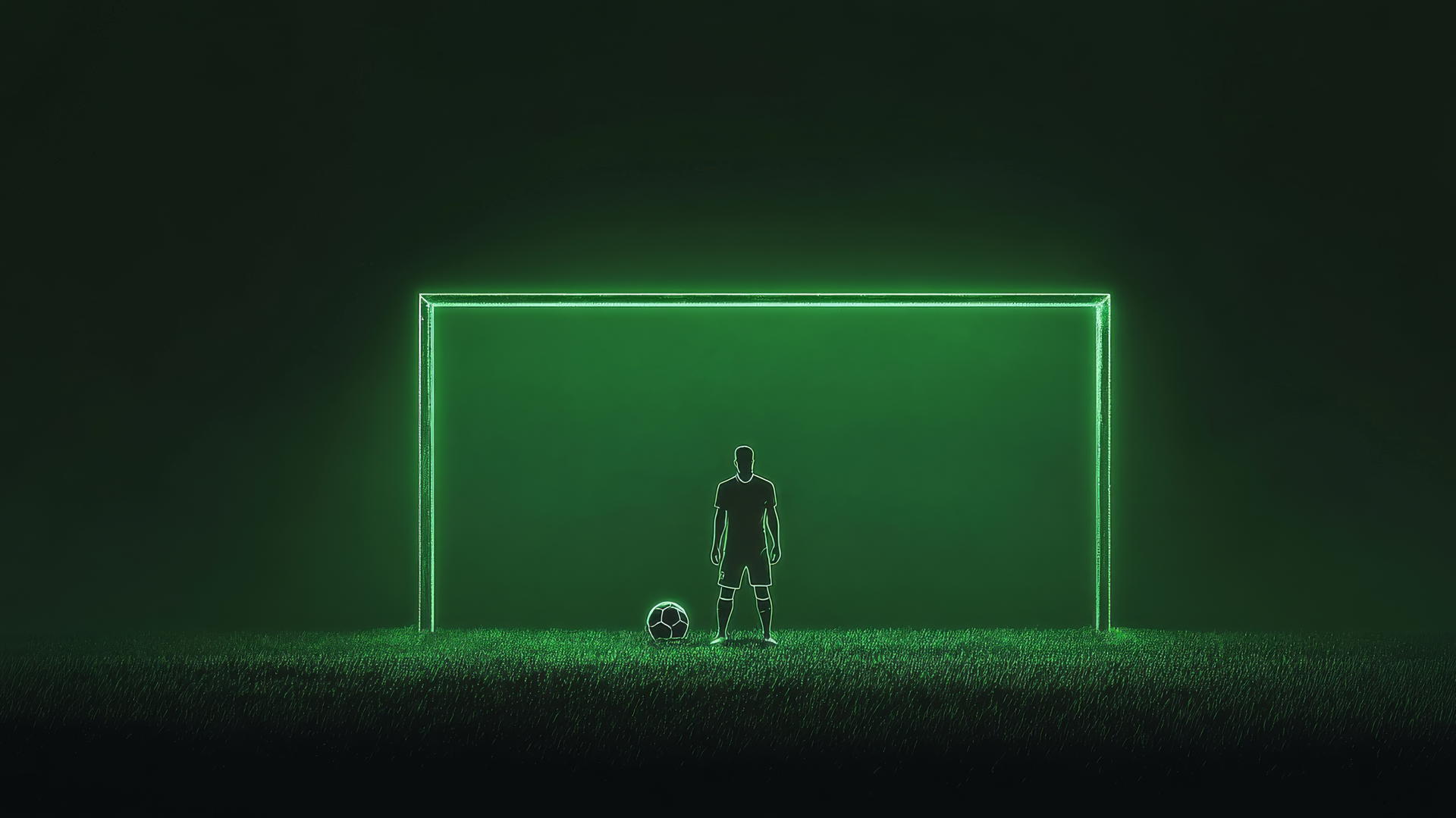 Minimalist outline of a soccer player at a penalty box with neon lights on the ball.