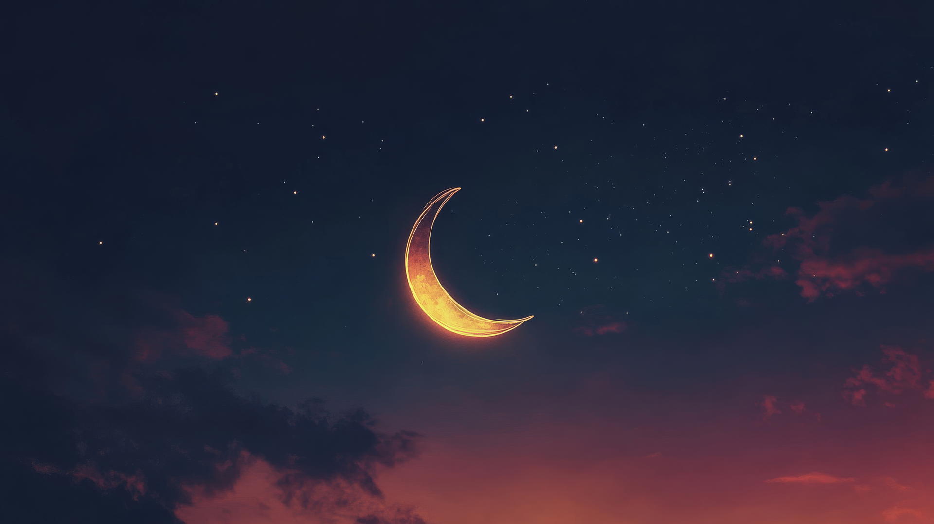 Minimalist glowing crescent moon with distant stars in dark sky
