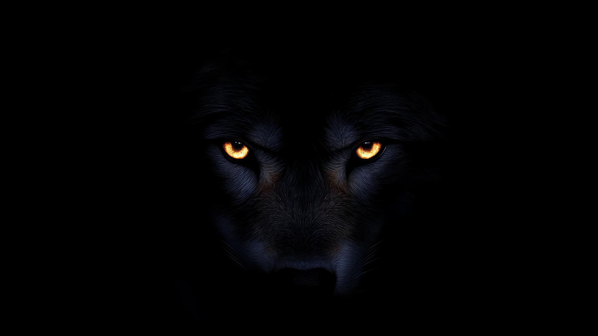 Wolf's glowing eyes peering through darkness with fur highlights on black background