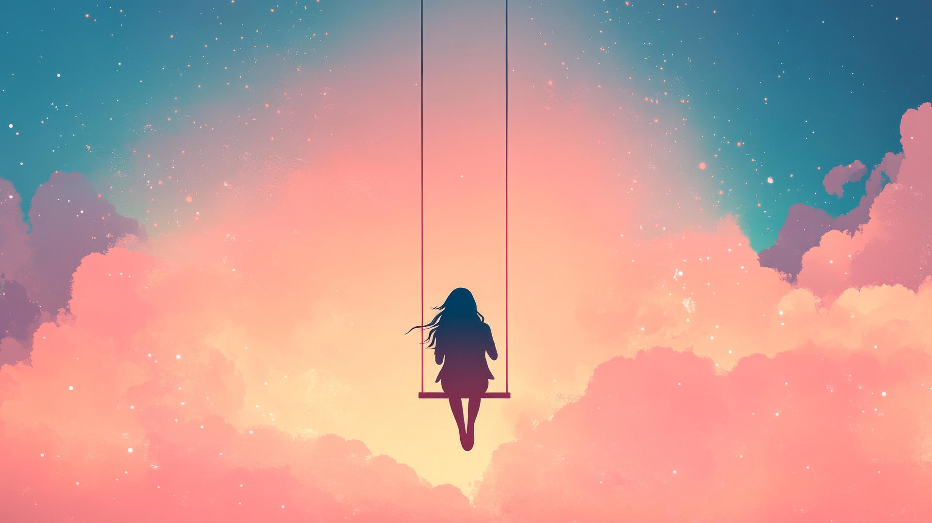 Minimalist vector of a girl on a swing against a pastel sky with geometric clouds.