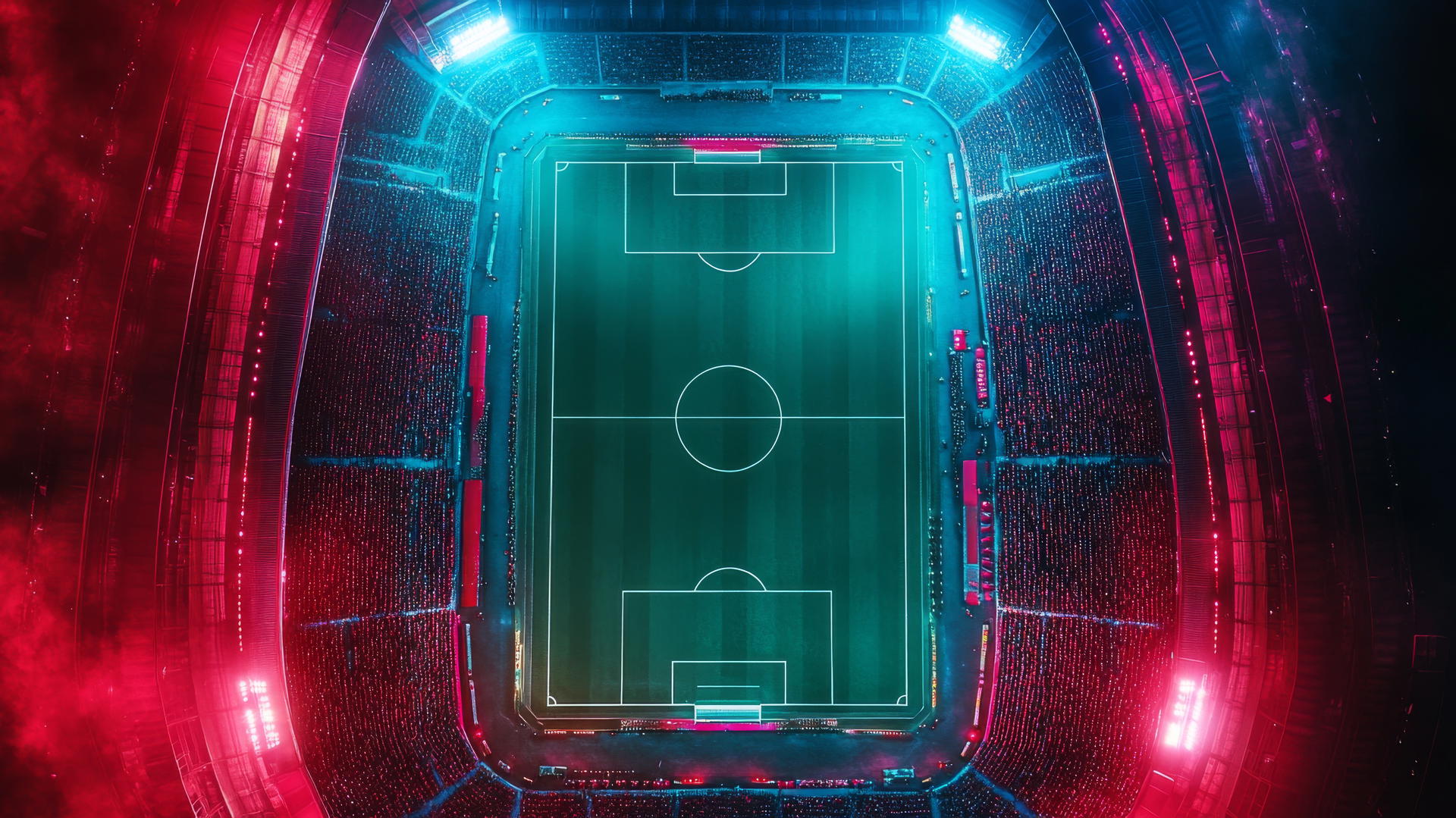Geometric rendering of a soccer stadium with glowing pitch lines and neon crowd lights.