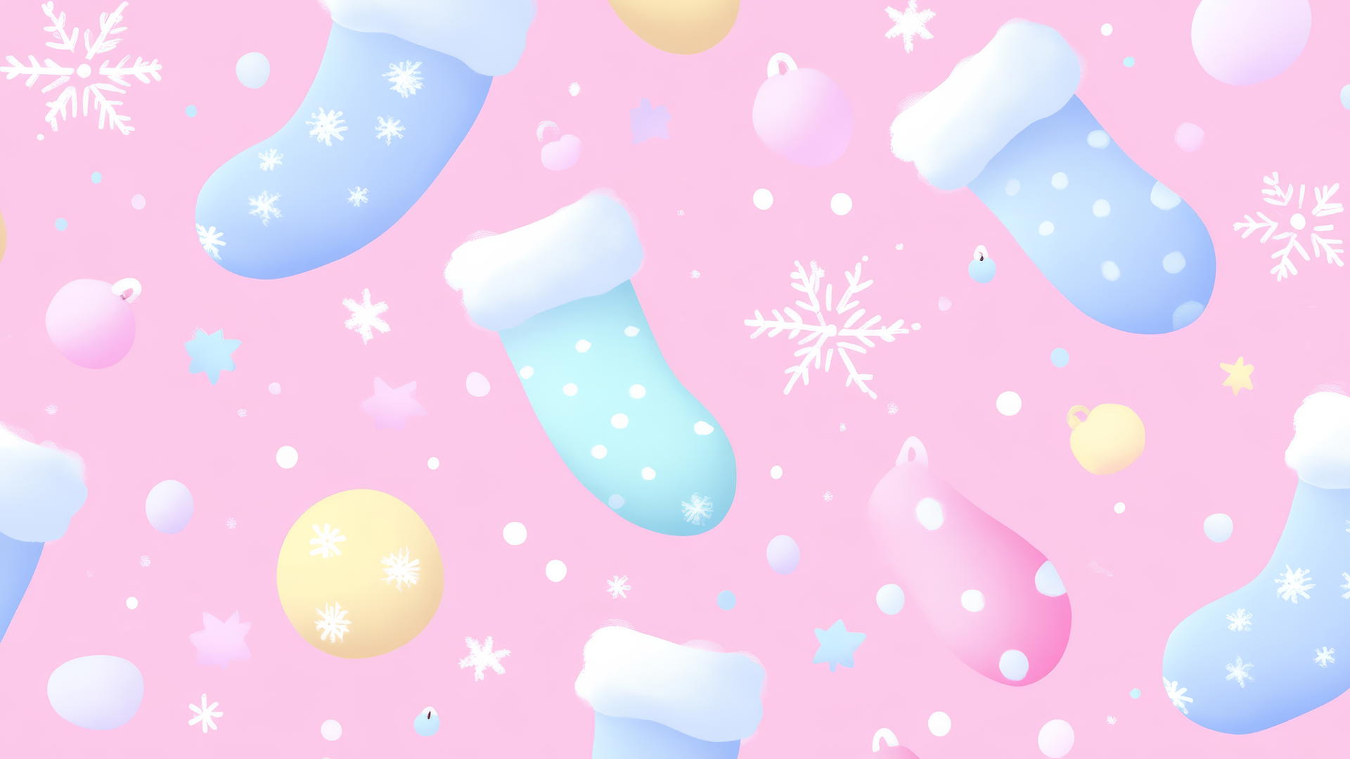 Preppy Christmas scene with pastel stockings and snowflakes