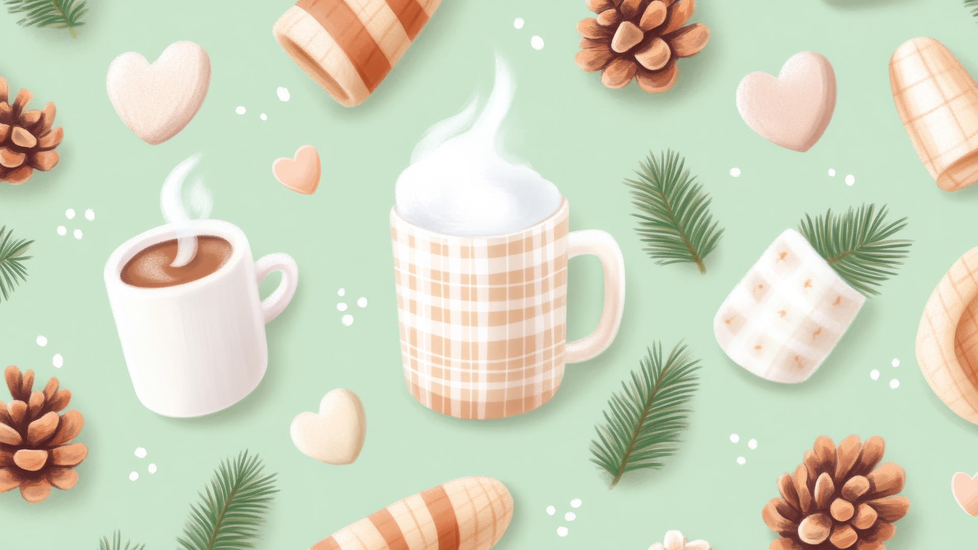 Fall-themed icons of pinecones, blankets, and cocoa on pastel green