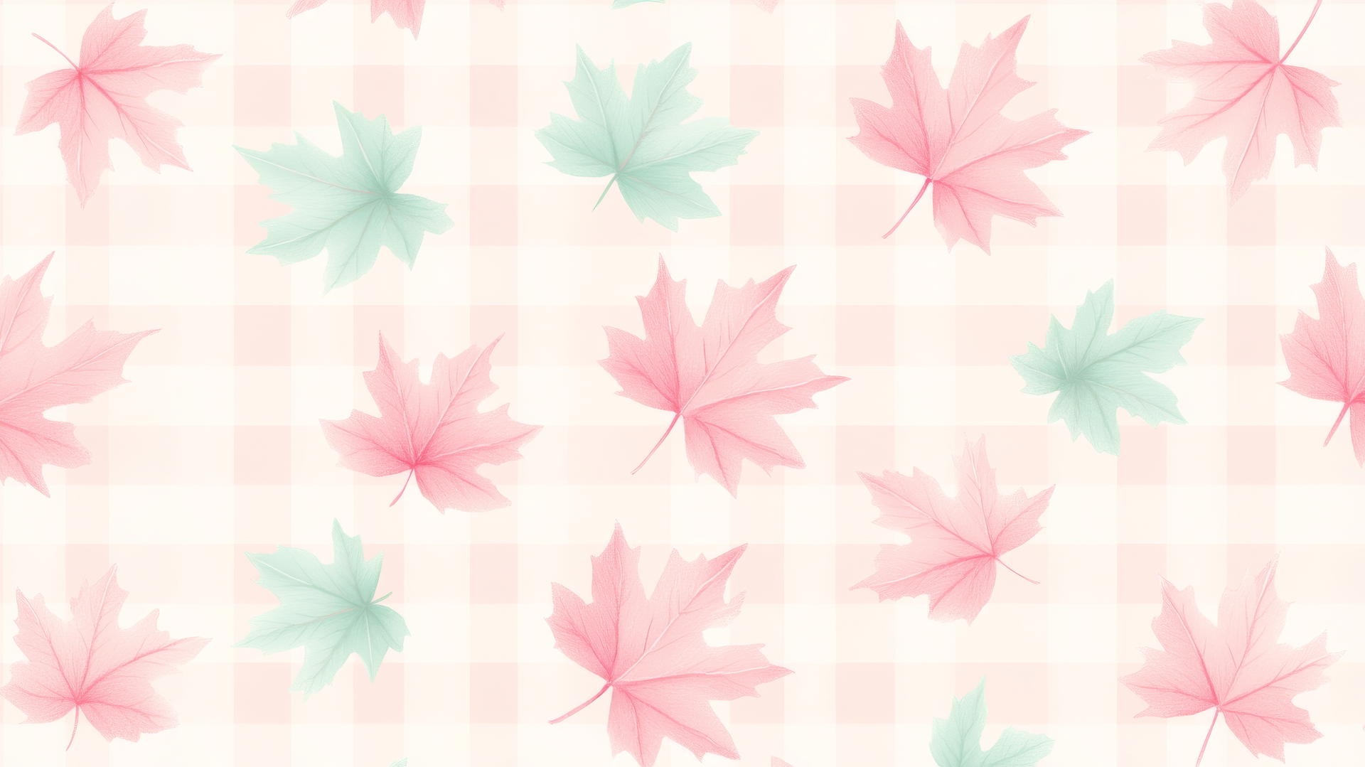 Pastel pink and mint green maple leaves on cream with plaid accents