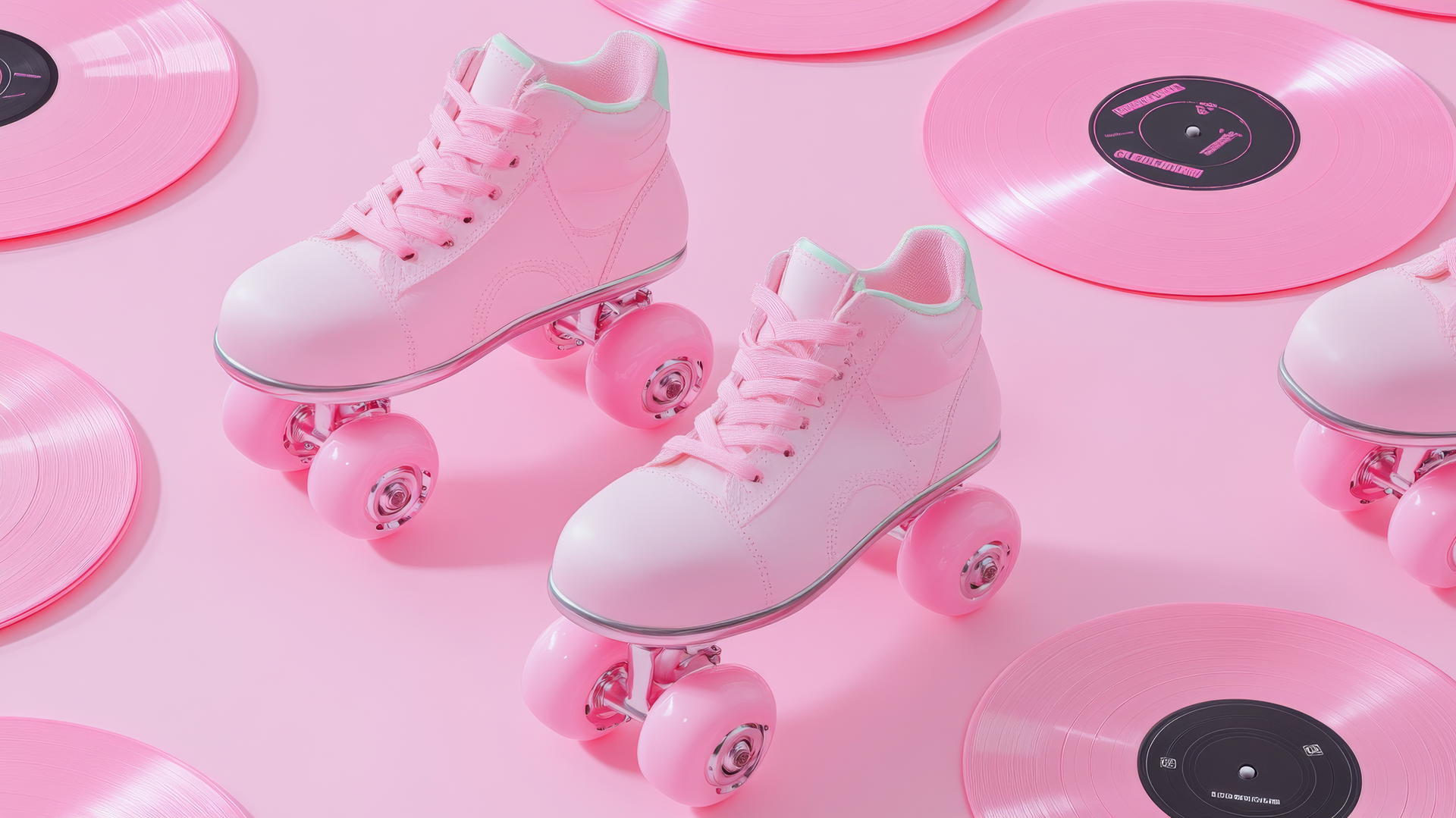 Pink roller skate and vinyl record pattern on pastel background