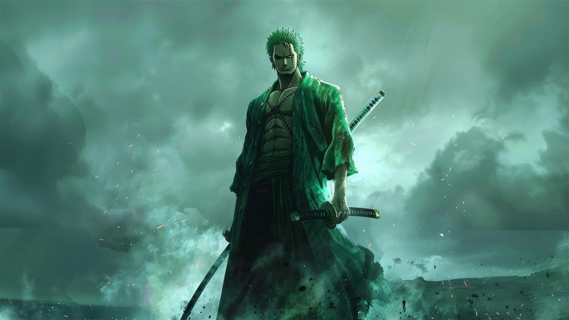 Zoro Roronoa from One Piece in a desolate wasteland.