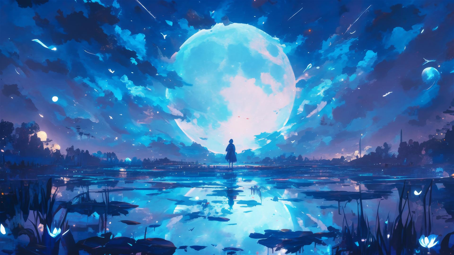 Lunar reflection in serene pond showing moon phases