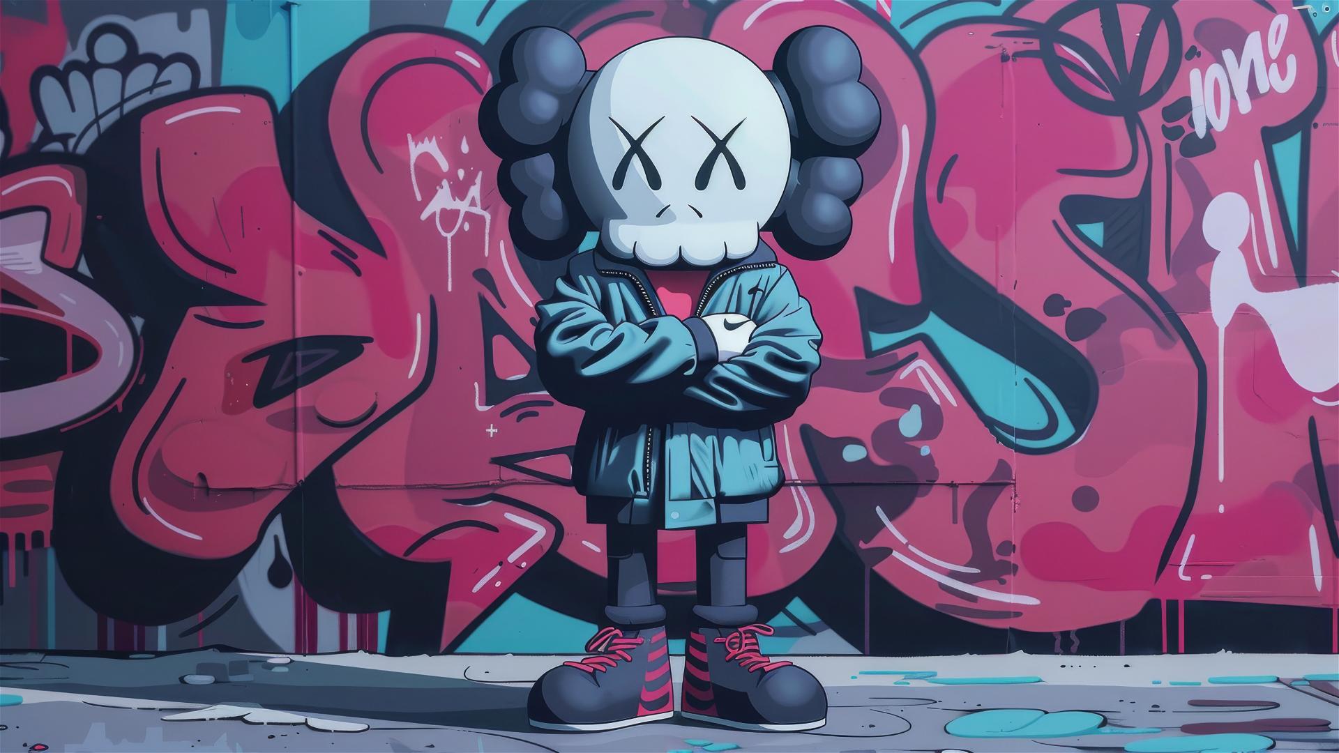 Cartoon 2D art of Kaws with crossed arms