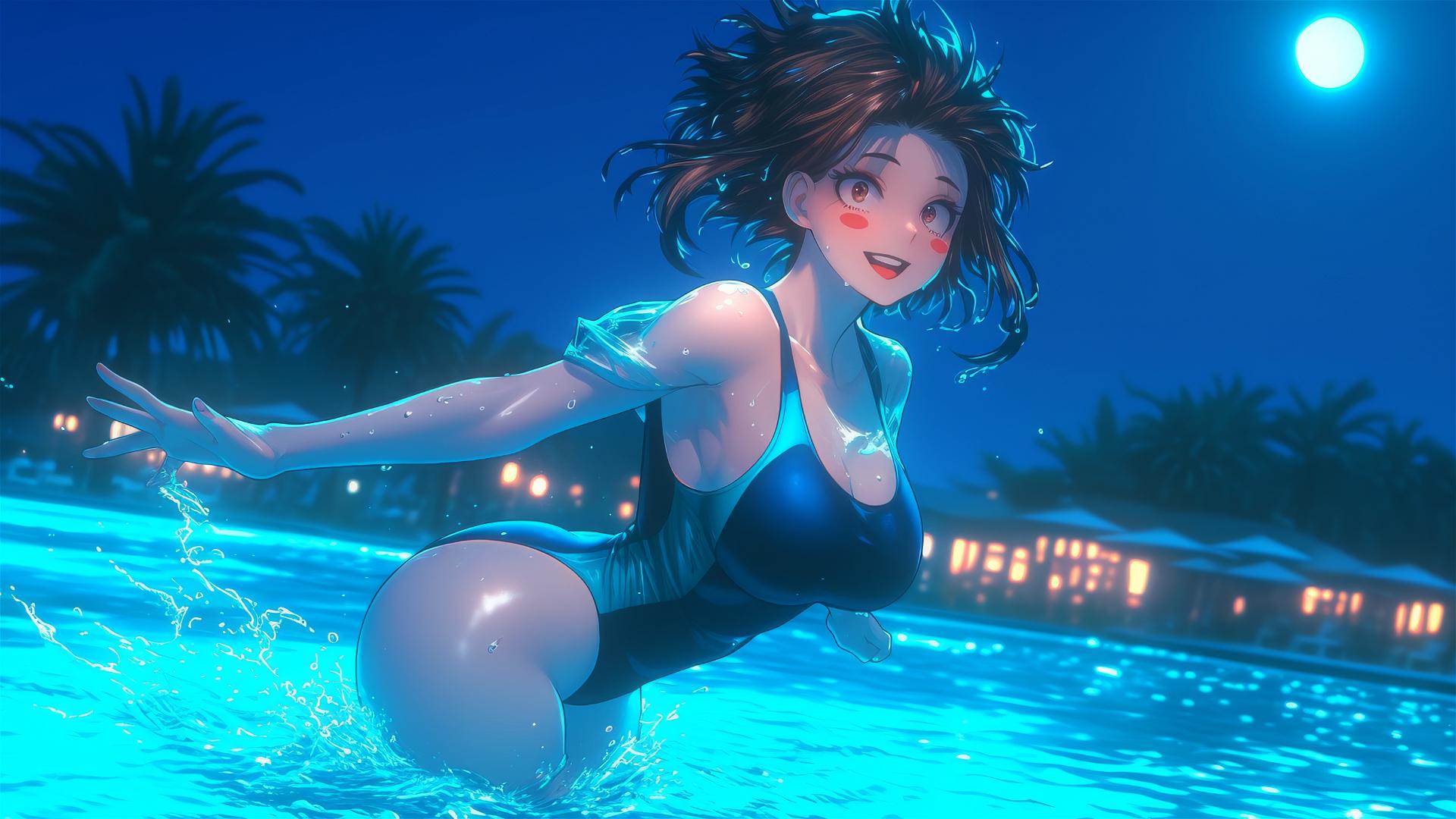 Ochaco Uraraka from My Hero Academia jumping out of a swimming pool under moonlight.