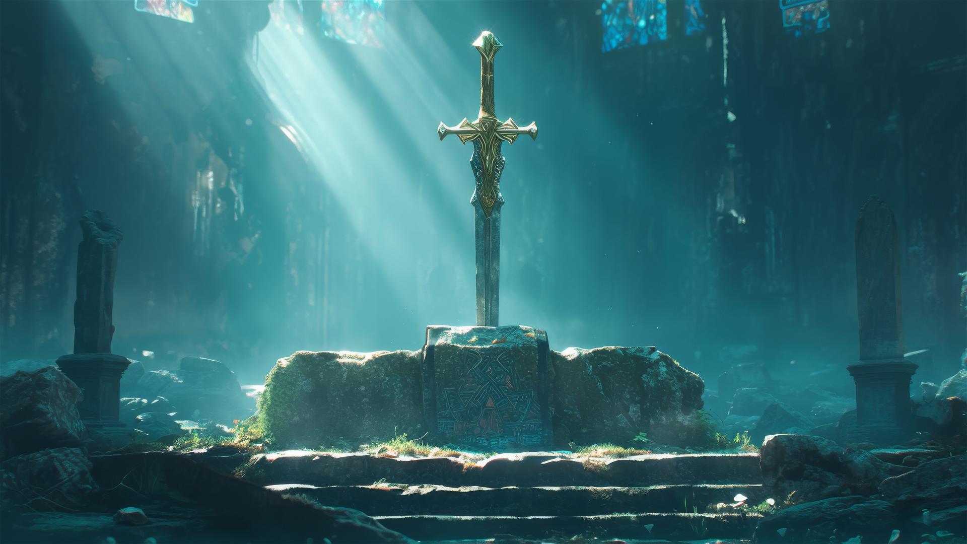 Double-edged sword on altar with glow and cinematic lighting