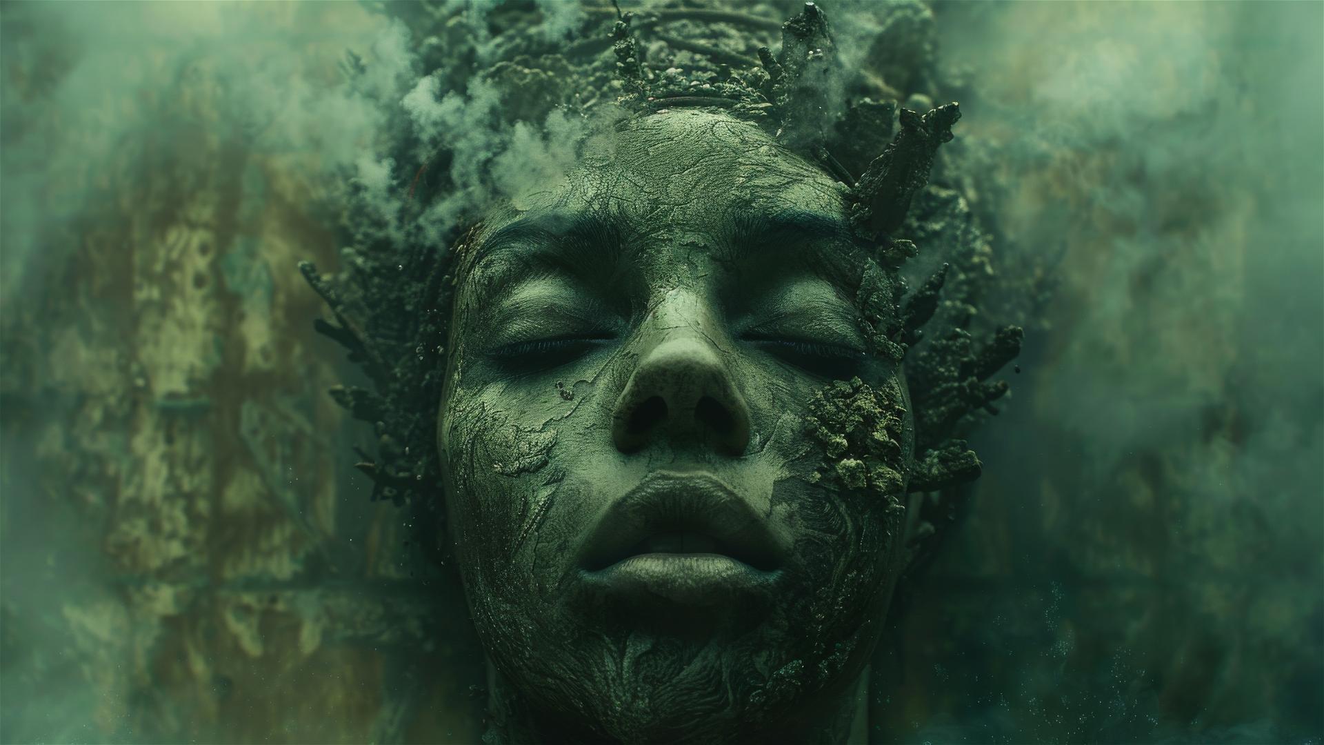 Surreal human head with train passing through, dark decayed backdrop.