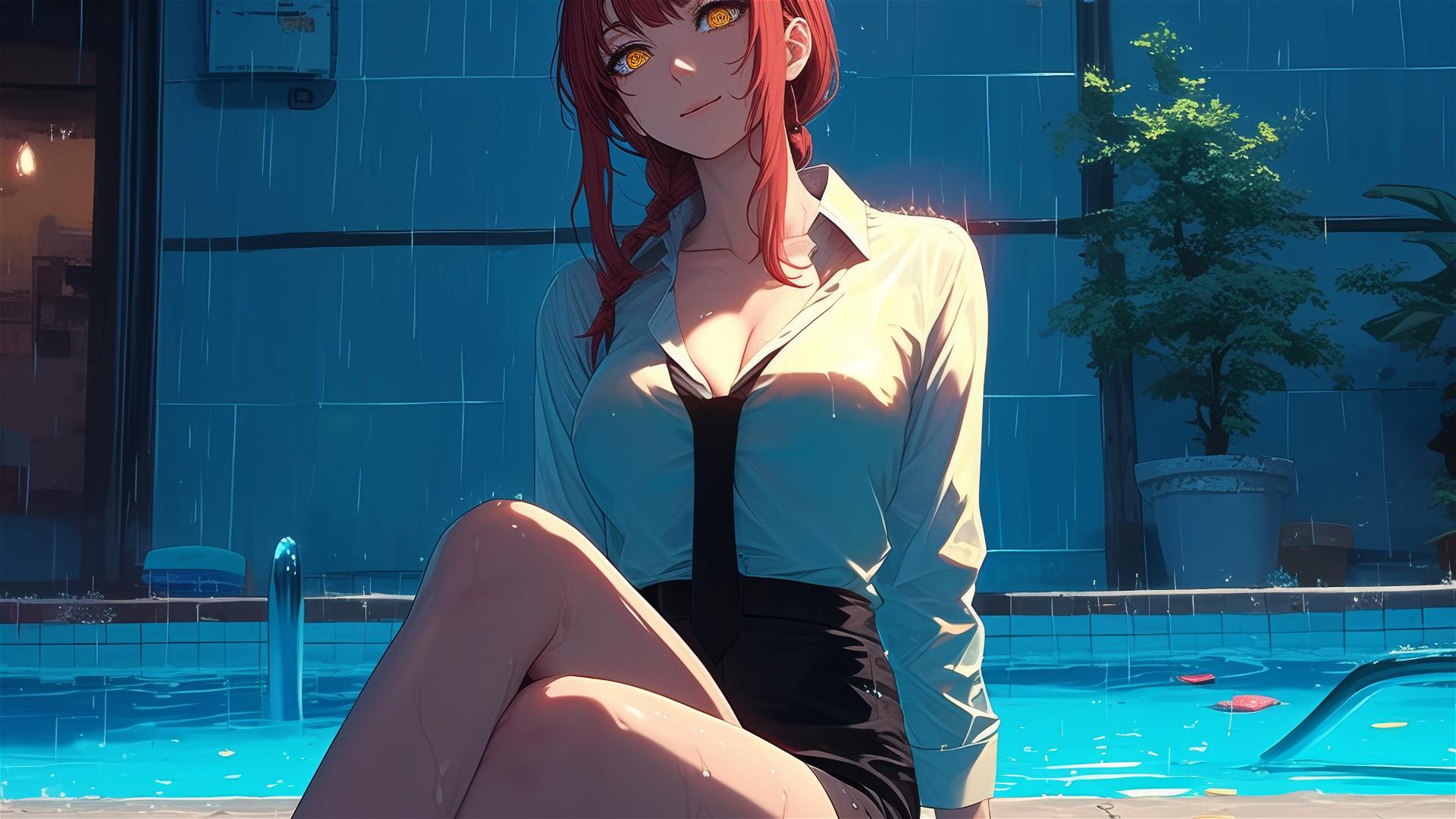 Makima from Chainsaw Man resting by a pool in the moonlight with red hair and heels.