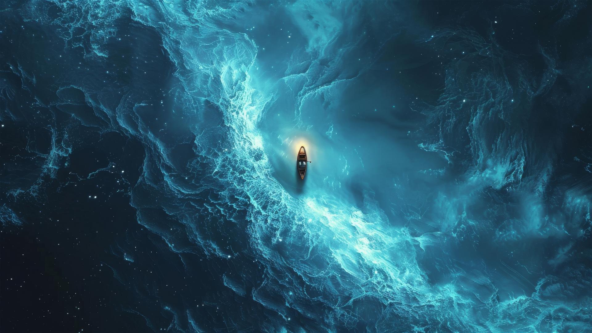 Aerial view of a small boat and man in the sea under glowing stars.