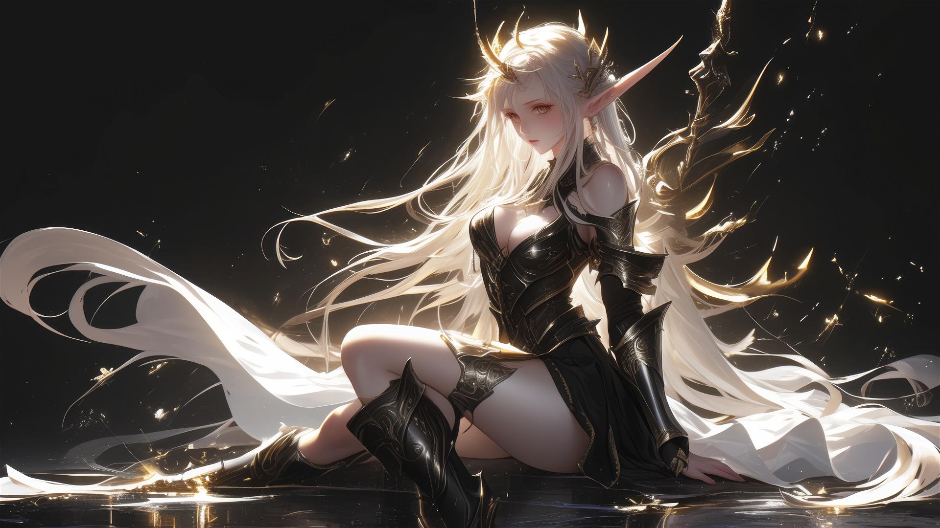Fantasy Elf girl in dynamic pose on dark background with spotlight effect