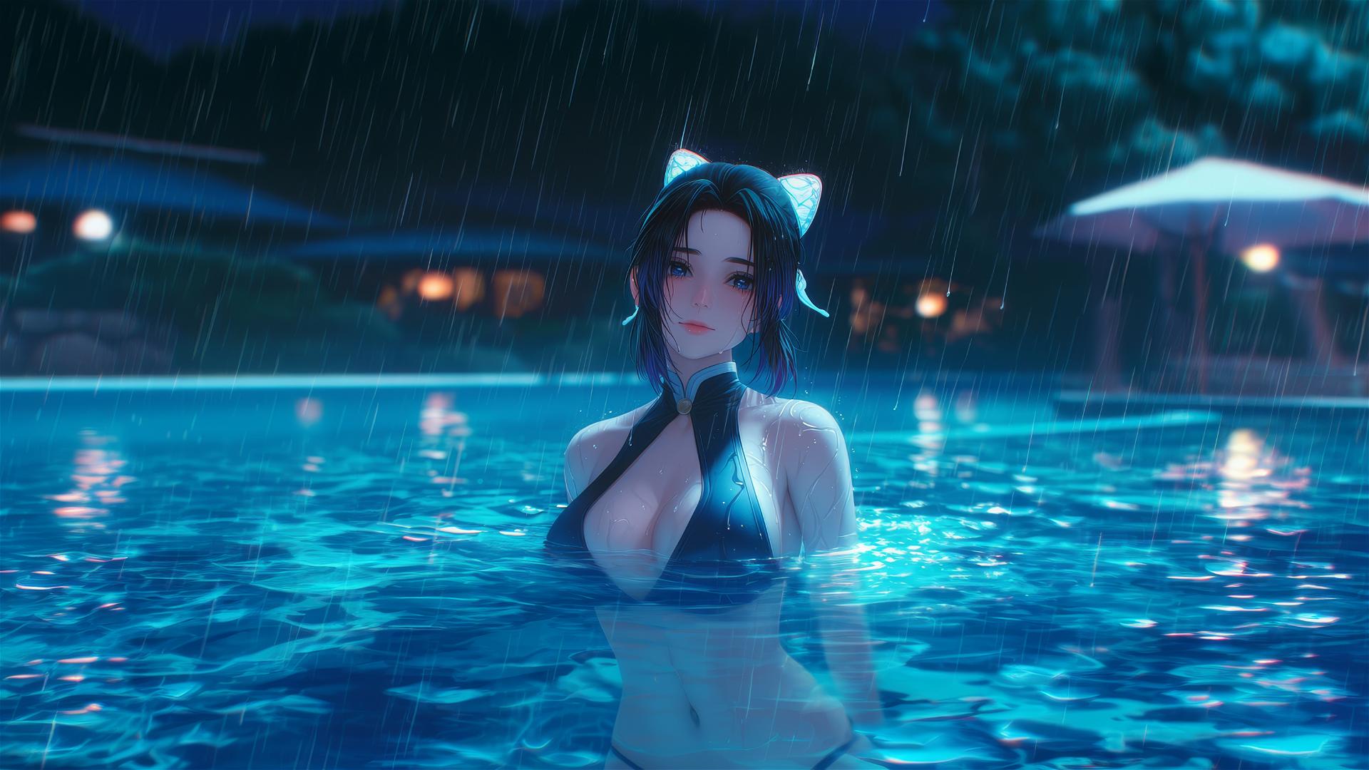 Shinobu Kocho standing in a rainy swimming pool with moonlight glow