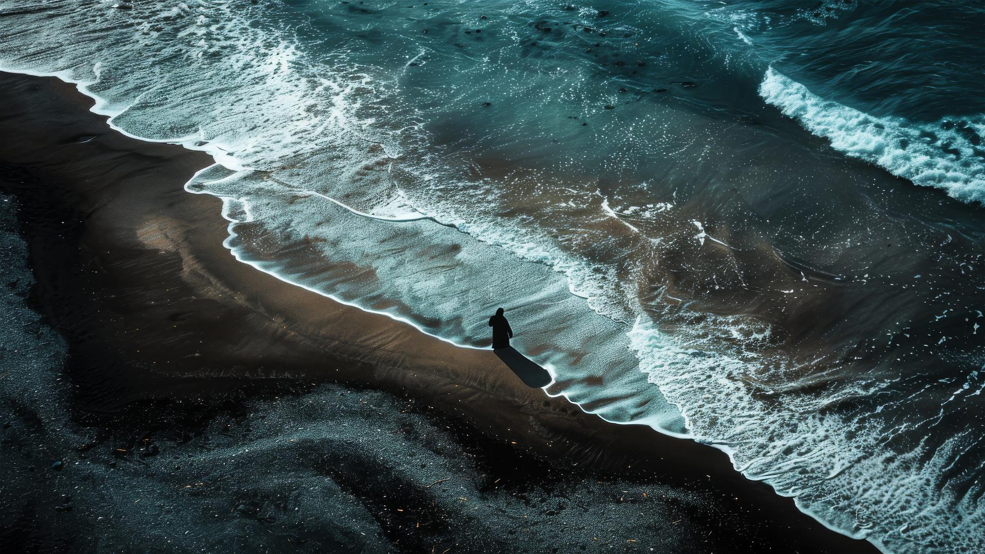 Dark figure in the stillness of Antarctica seen from above