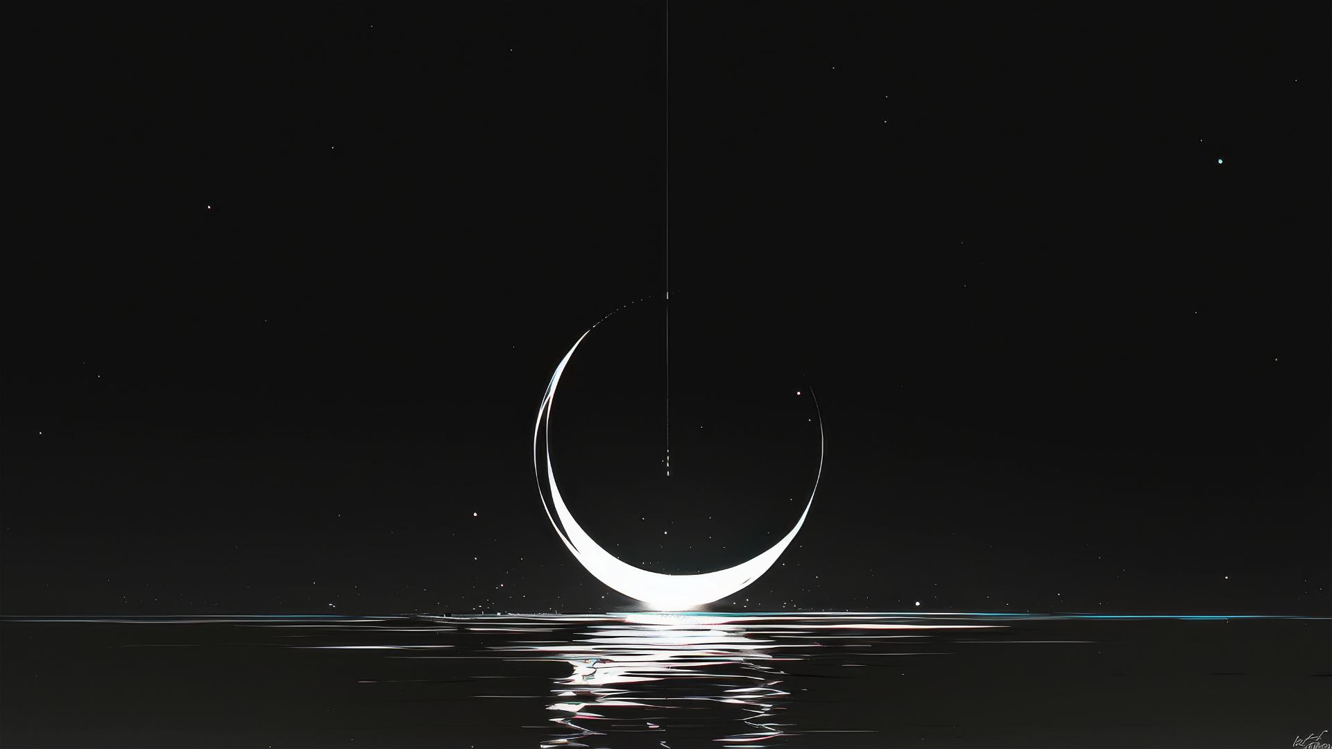 Thin crescent moon hanging low on a pure dark background