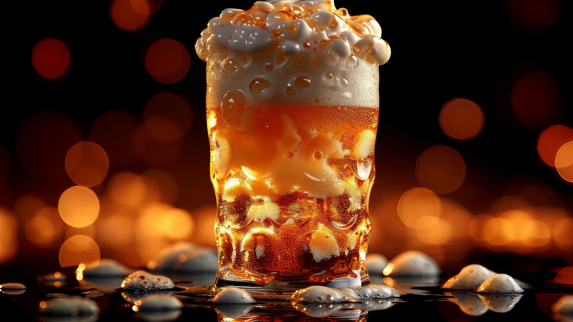 Close-up of beer foam against a black backdrop