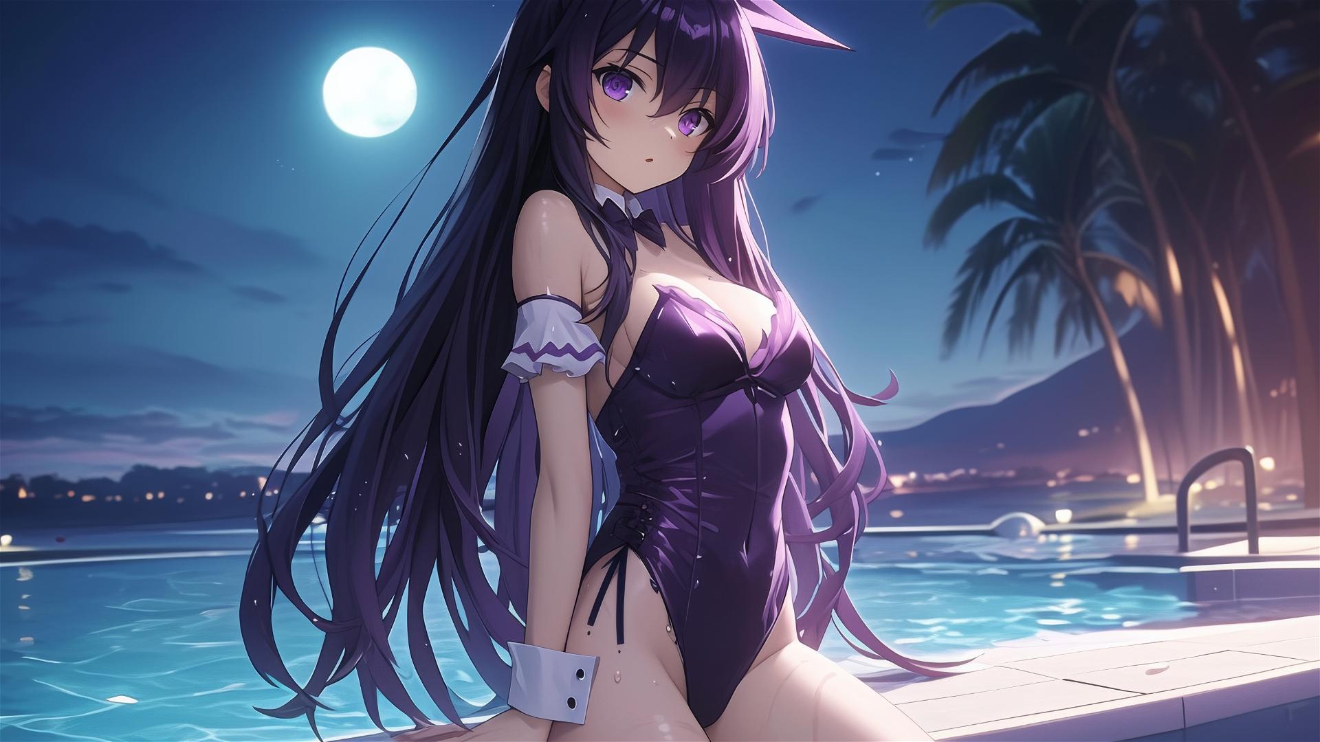 Tohka Yatogami from Date A Live in pool with moon glow, bunny girl style