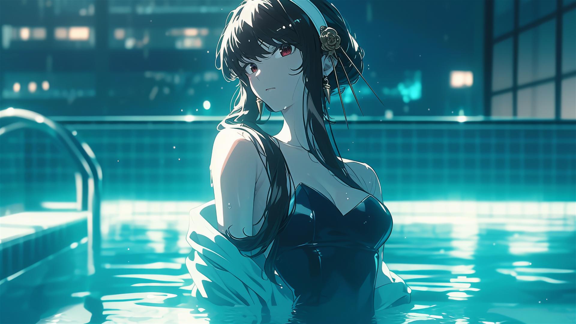 Yor Forger from Spy x Family in bunny girl outfit by moonlit pool on rainy day