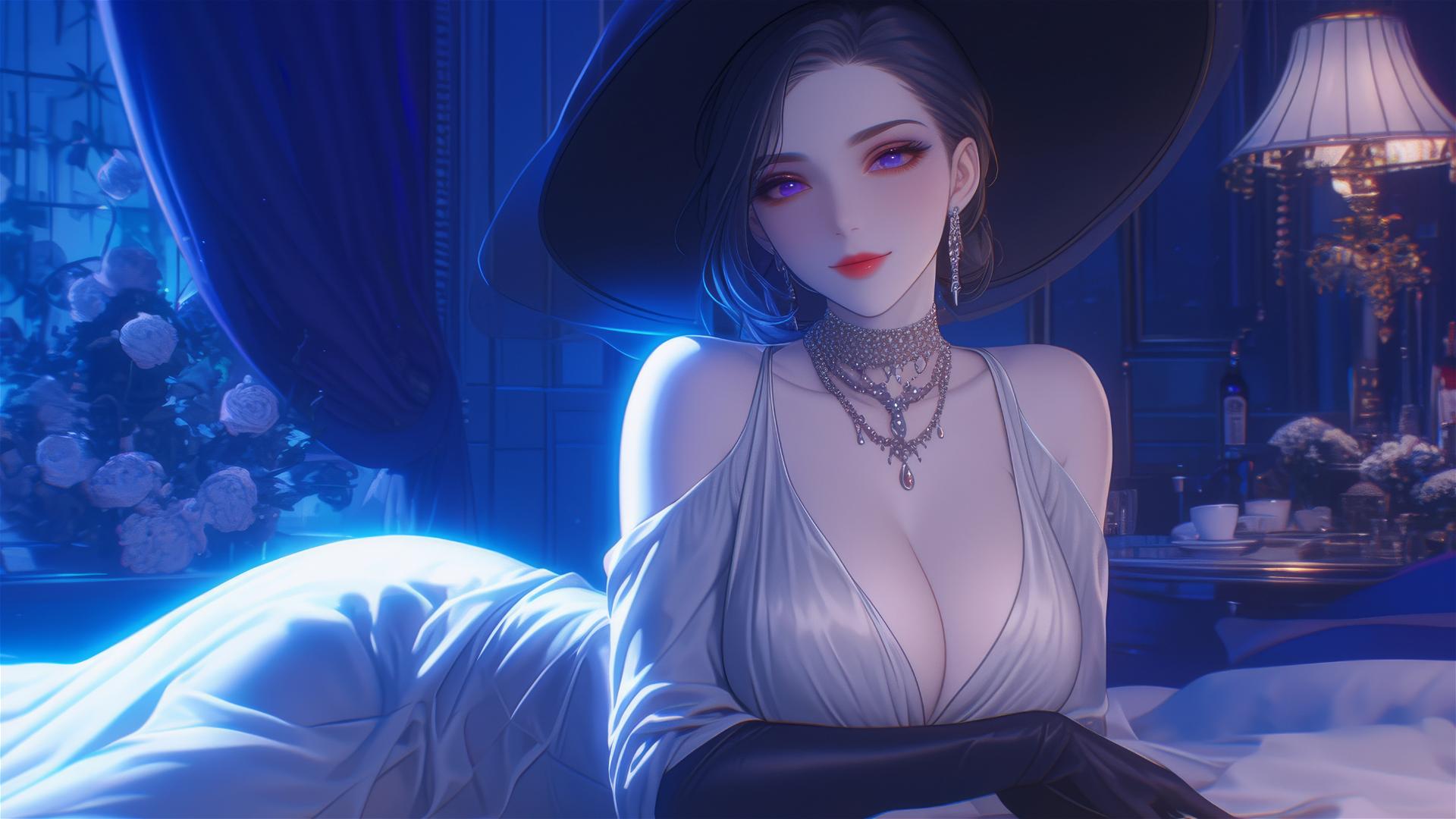Lady Dimitrescu resting on modern hotel bed under moonlight