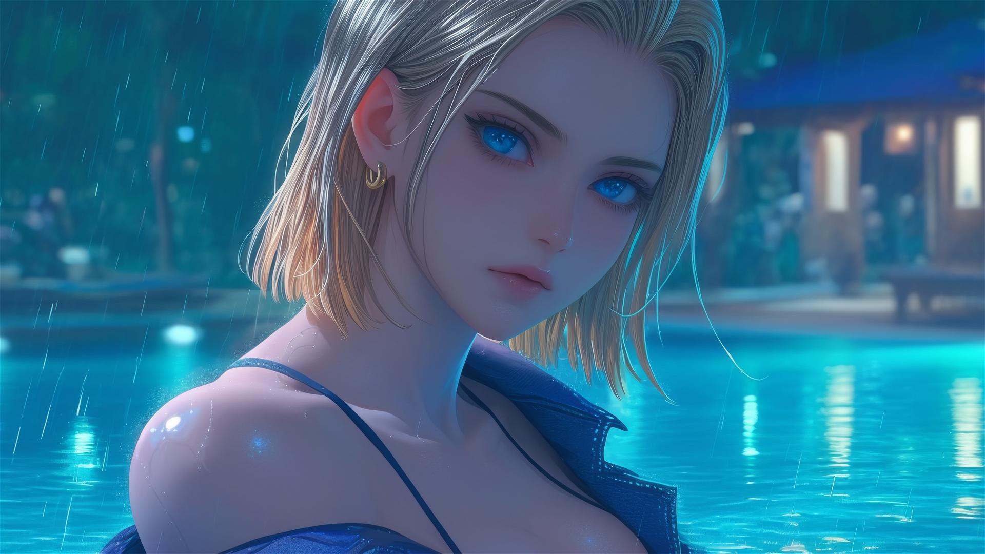 Android 18 relaxing by a rainy swimming pool under moonlight