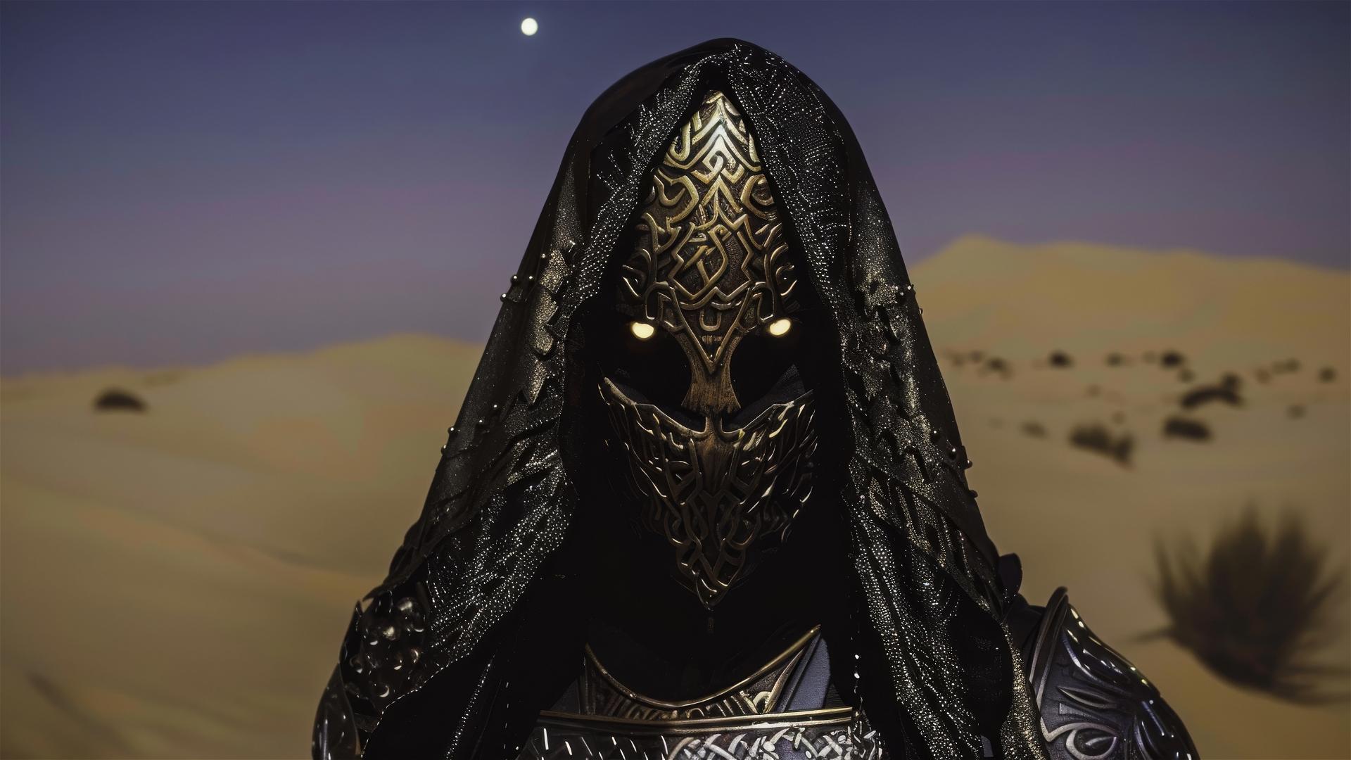 Elven warrior with golden eyes in black and silver armor, desert night.