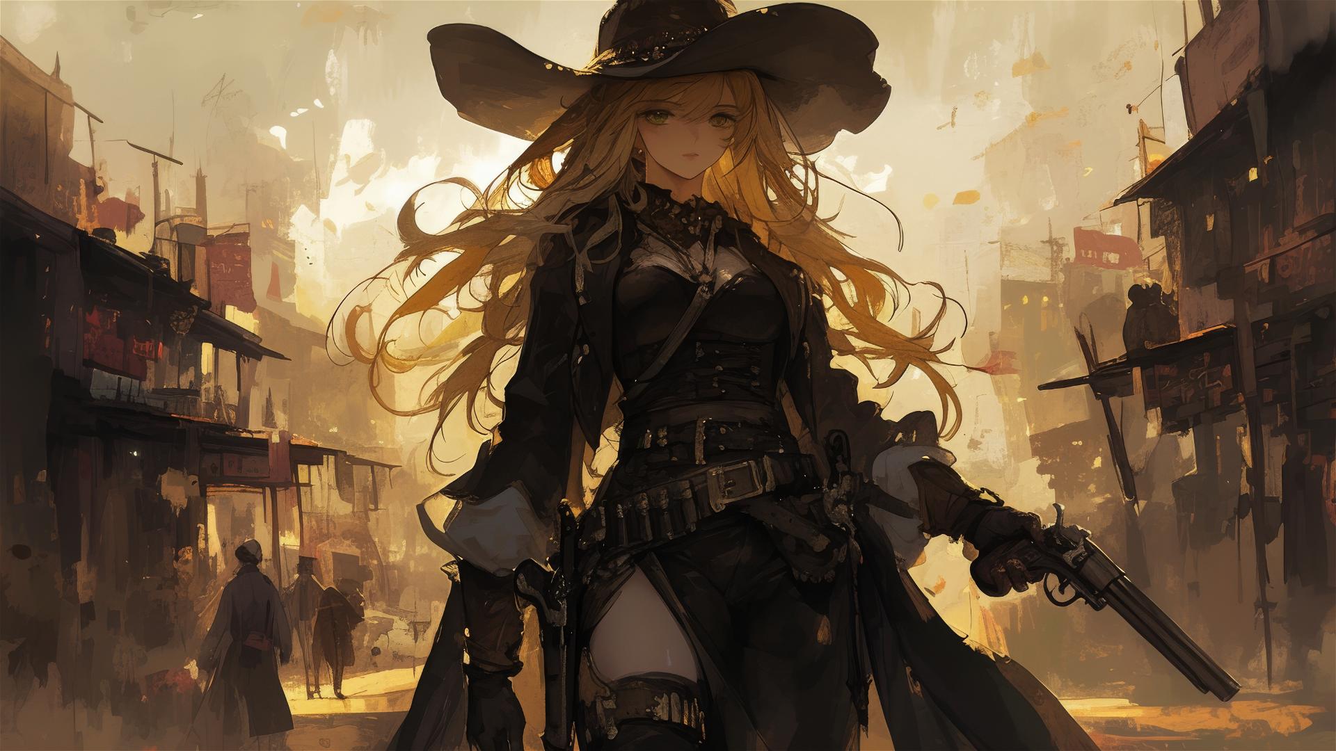 Wild West Gunslinger Girl with thigh focus on a dark background with spotlight effect