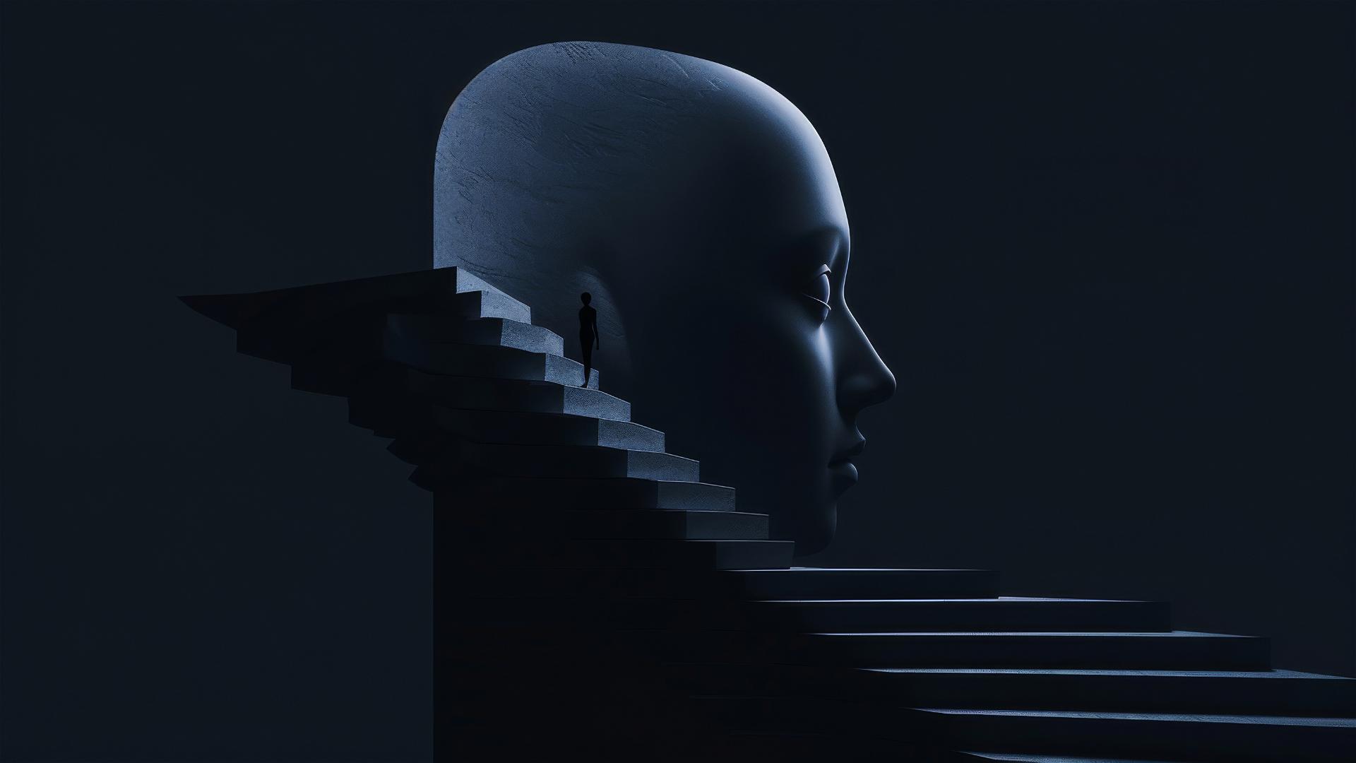Sculptural head silhouette with open mind stairs and ascending figure, minimalistic blue-white lighting on black background, surreal digital art in Peter Tarka style