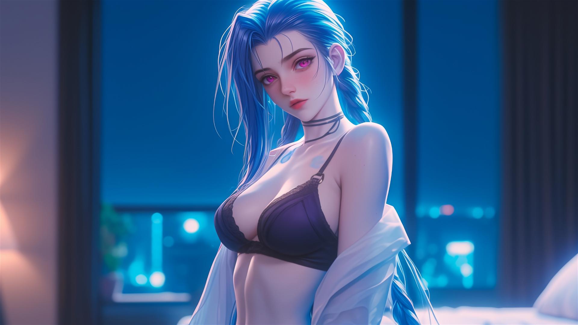 Jinx from League of Legends standing in an apartment, moonlight glow