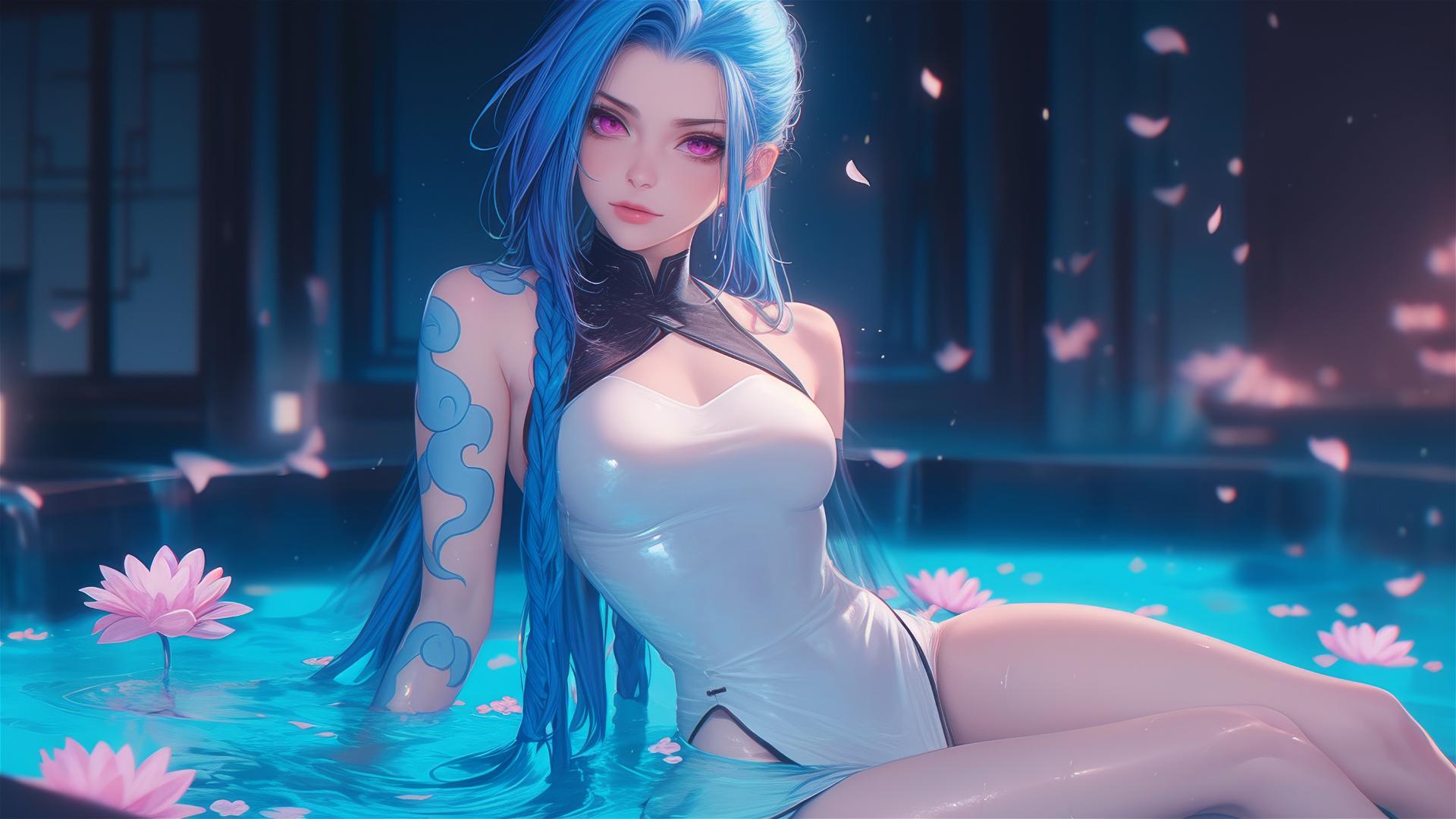 Jinx from League of Legends in a tub of flowers at a Chinese spa