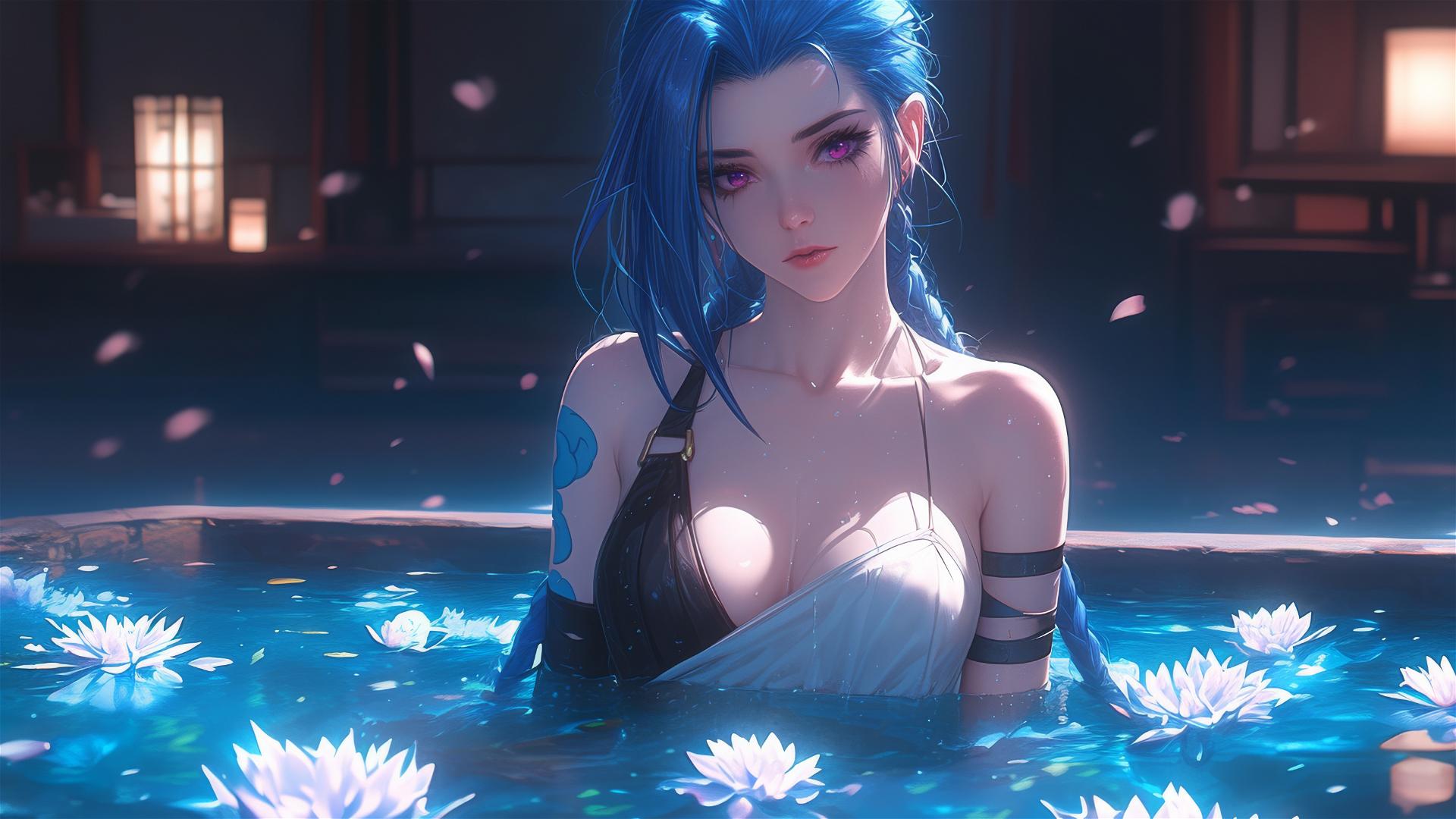 Jinx from League of Legends in a flower-filled tub at a Chinese spa, pink eyes, blue hair