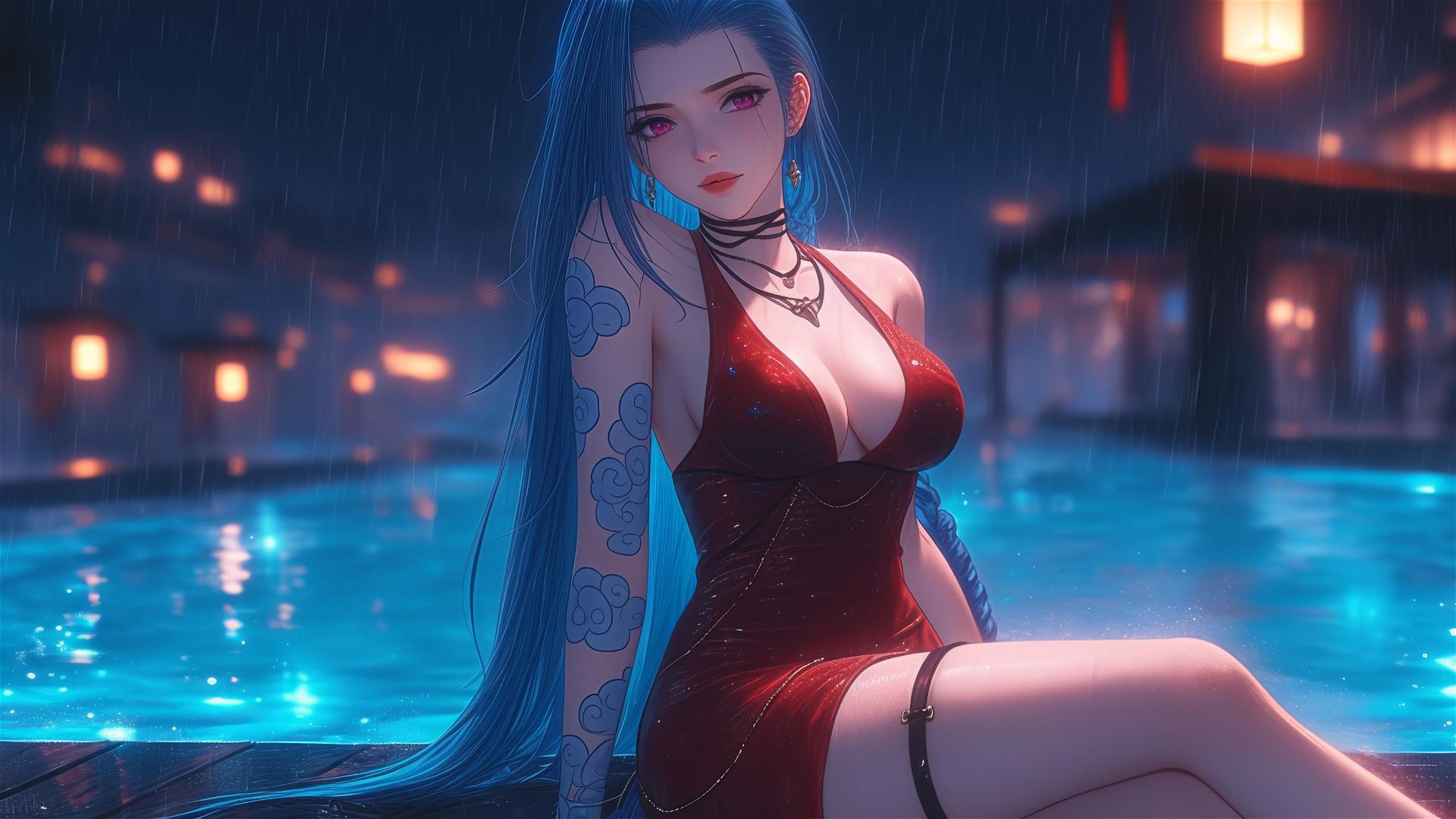 Jinx from League of Legends relaxing by a rainy swimming pool at night