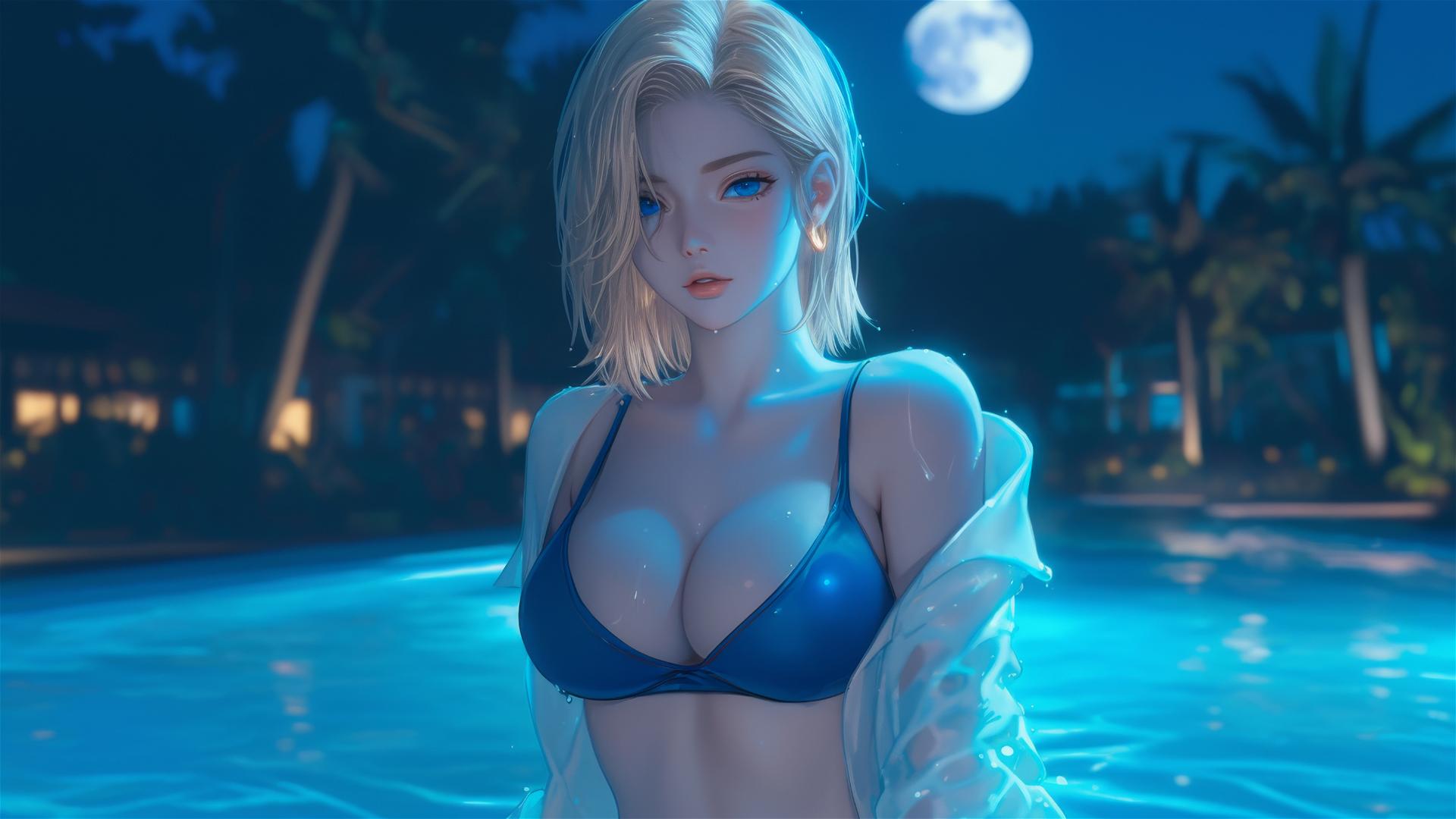 Android 18 resting by a rainy pool under moonlight
