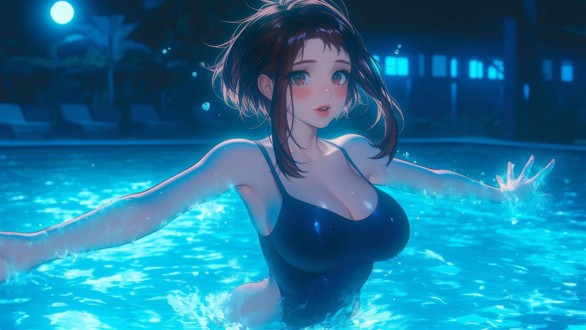 Ochaco Uraraka by moonlight, swimming, with auburn hair and eyes