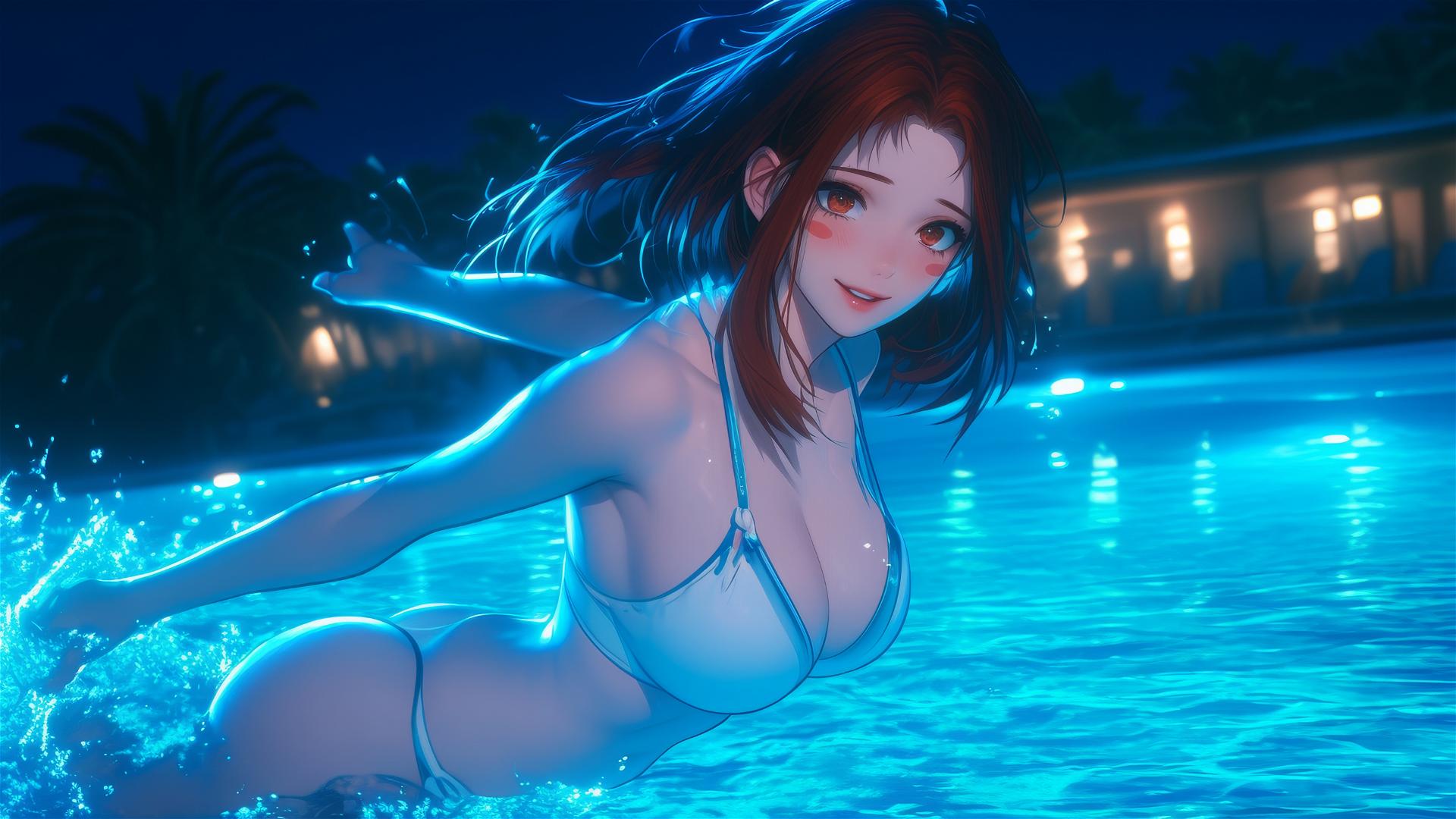 Ochaco Uraraka emerging from a pool under moonlight, auburn hair and eyes, pink blush cheeks