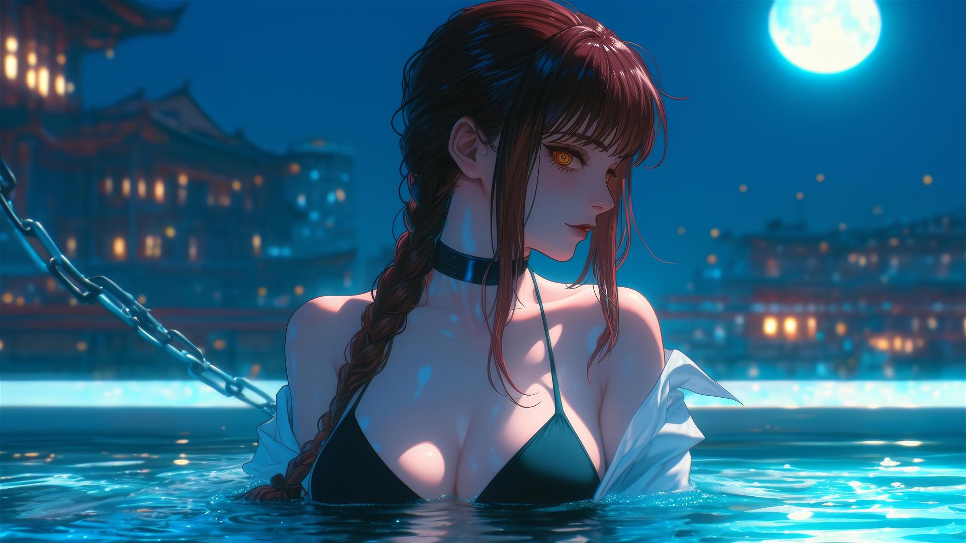 Makima from Chainsaw Man with neck locked in iron chains, resting in a tub under moonlight.