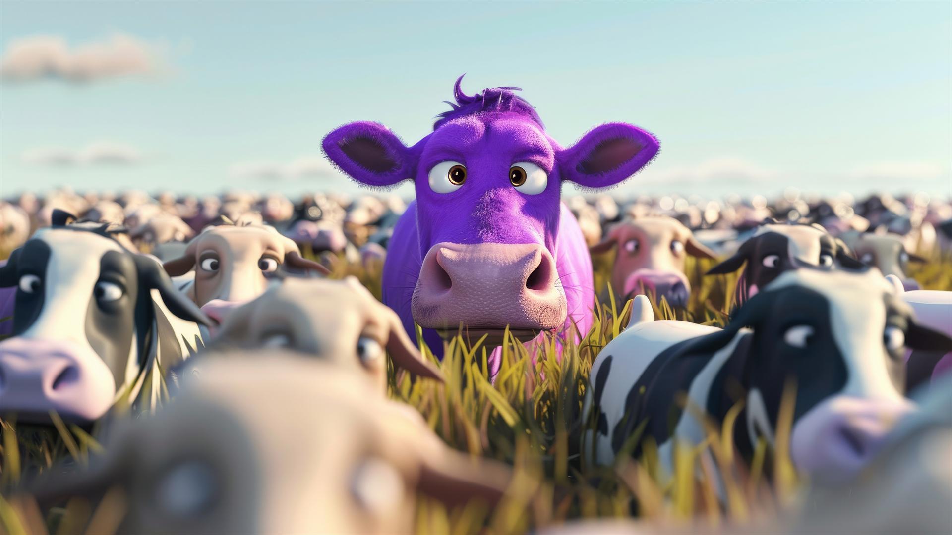 A purple cow among plain colored cows in Disney Pixar cartoon style, 3D rendered.