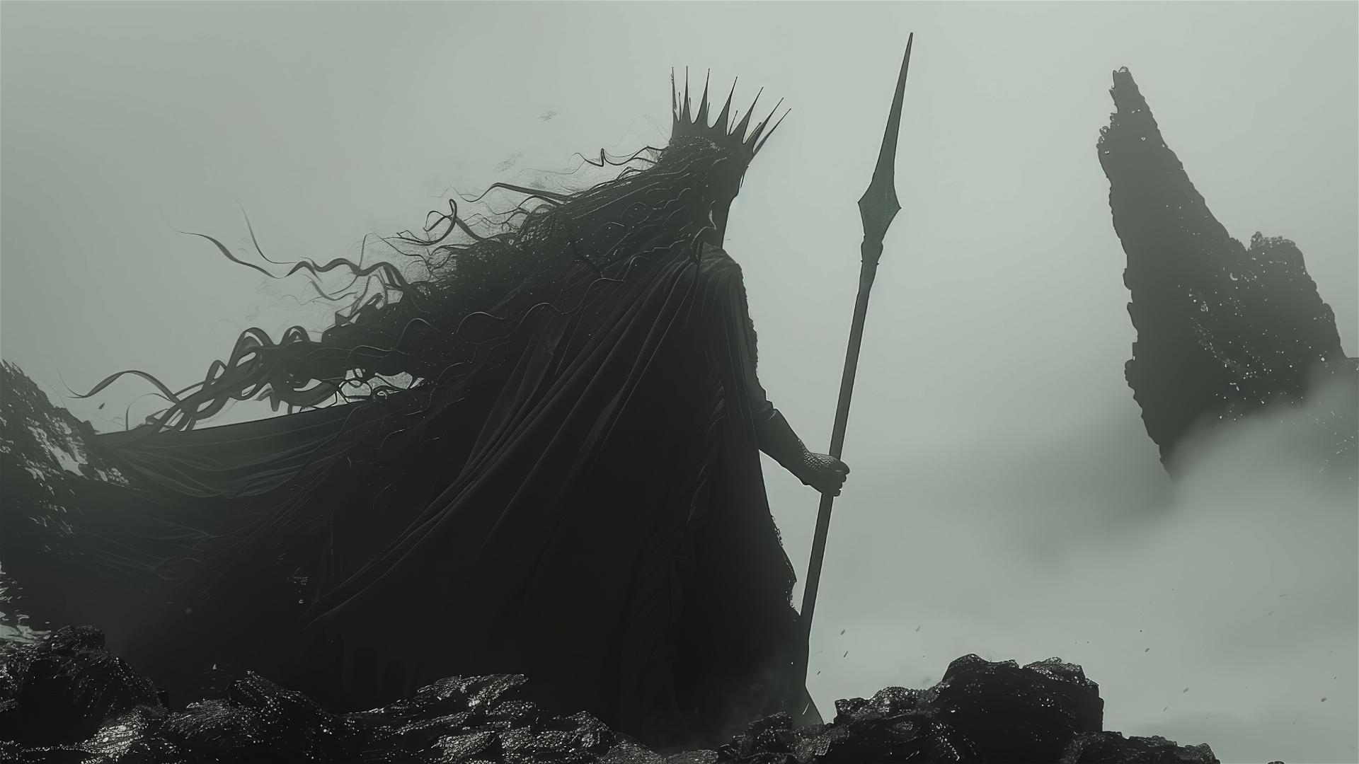 Haunting figure of a woman with a crown and spear in grayscale with foggy background