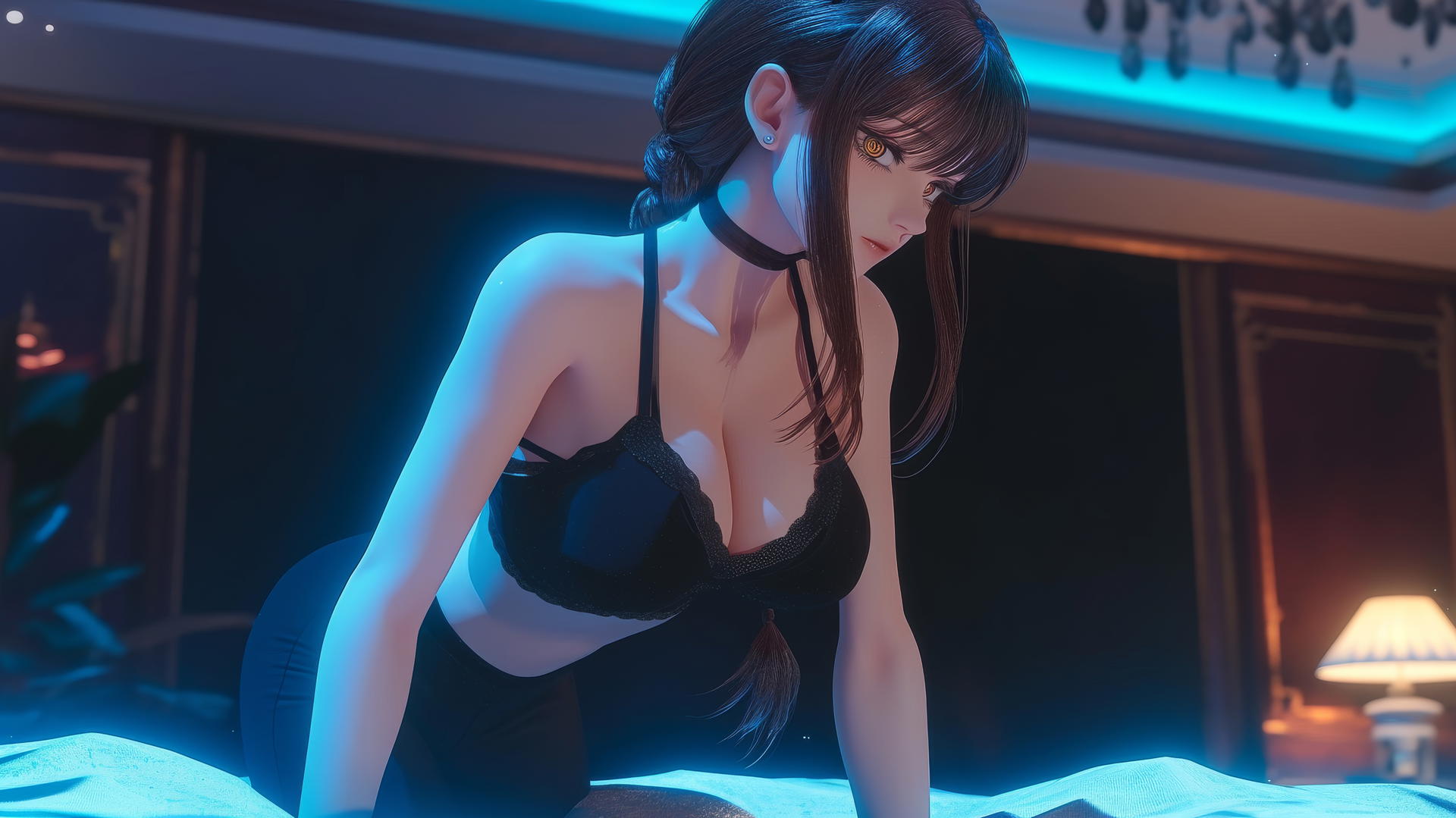Makima from Chainsaw Man kneeling, glowing neon lights in a modern hotel room.