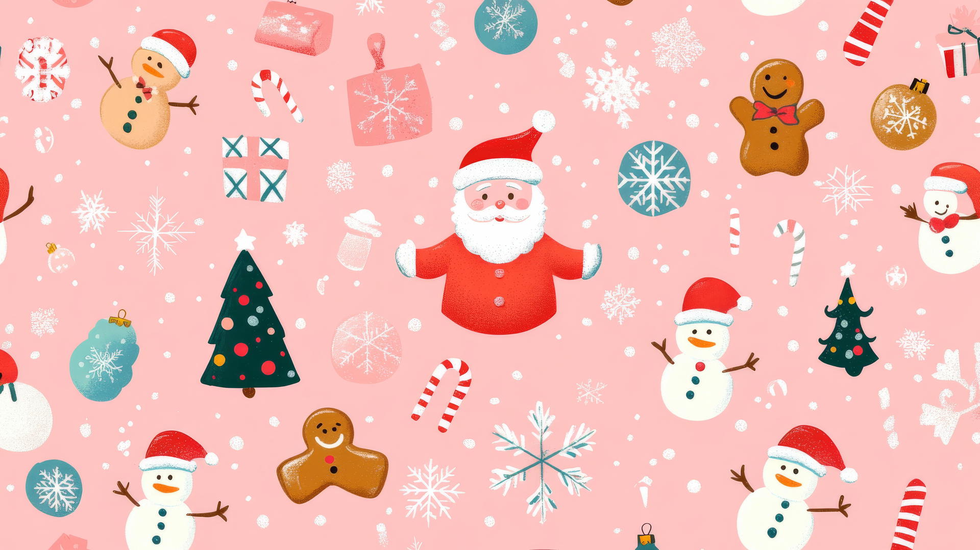 pink preppy wallpaper with Santa, gingerbread cookies, snowmen, and Christmas trees on pastel pink background