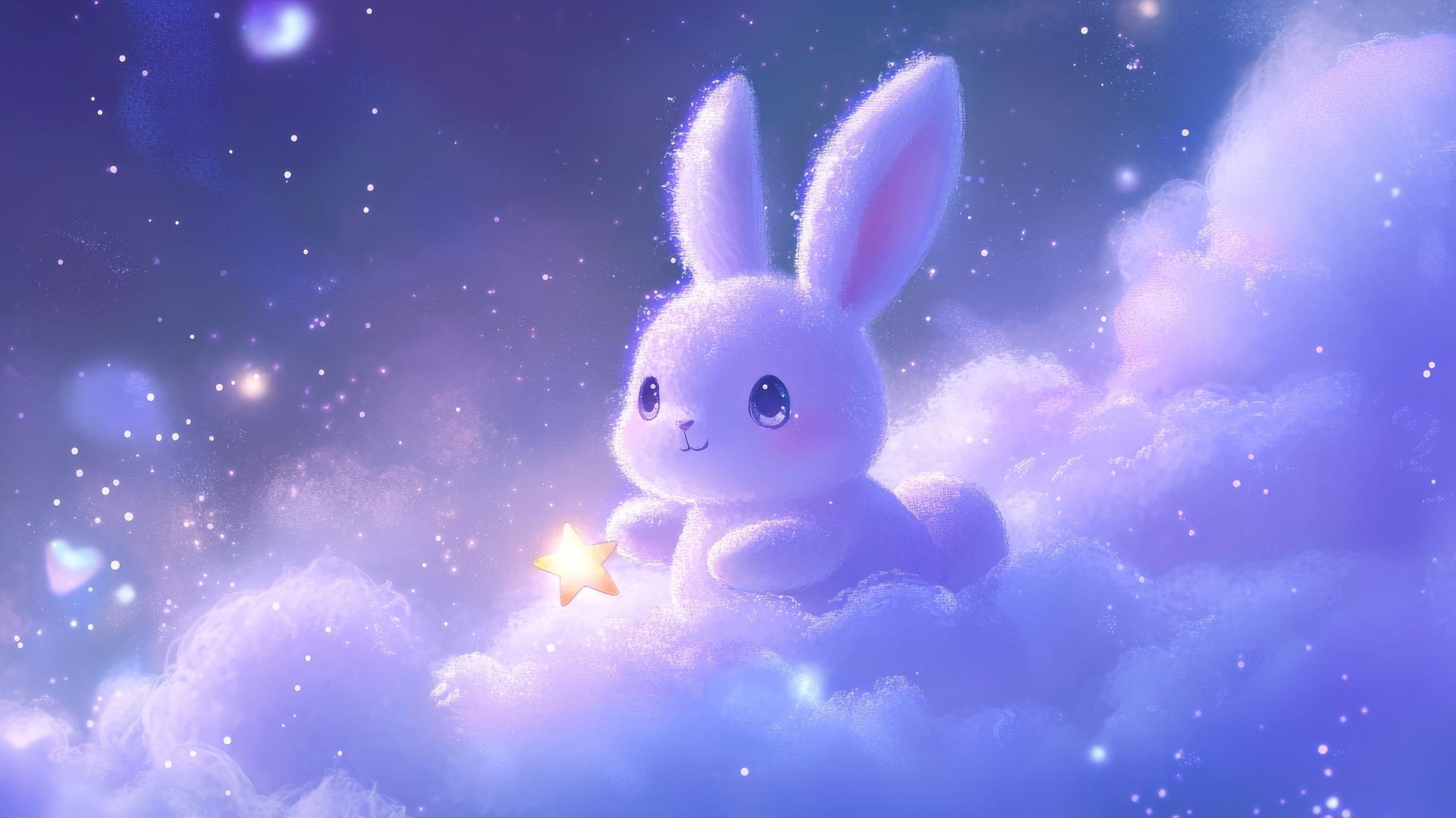 A kawaii purple bunny holding a tiny star on a fluffy lavender cloud, cute purple wallpaper