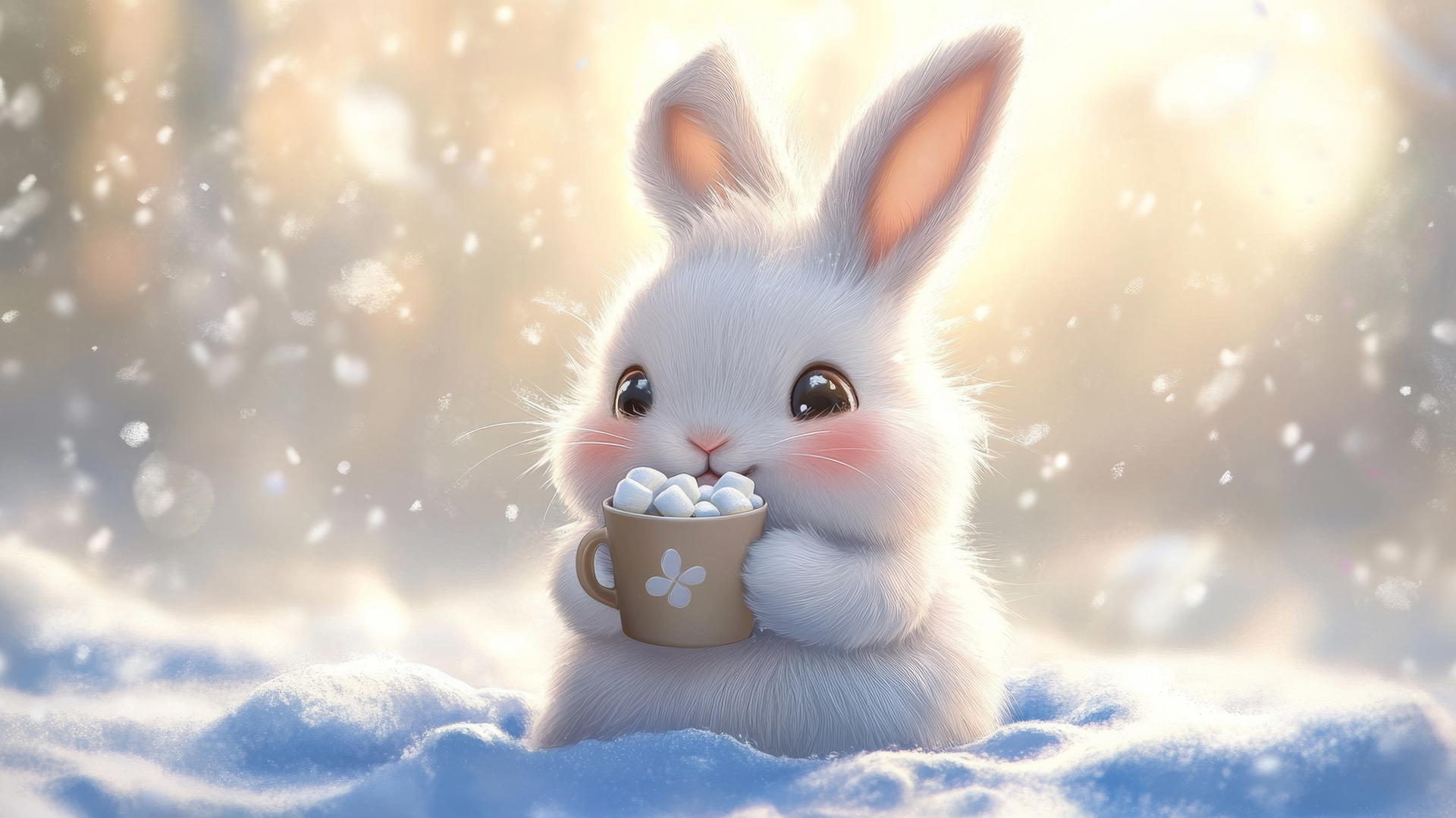 cute bunny wallpaper with chubby bunny holding hot cocoa in the snow