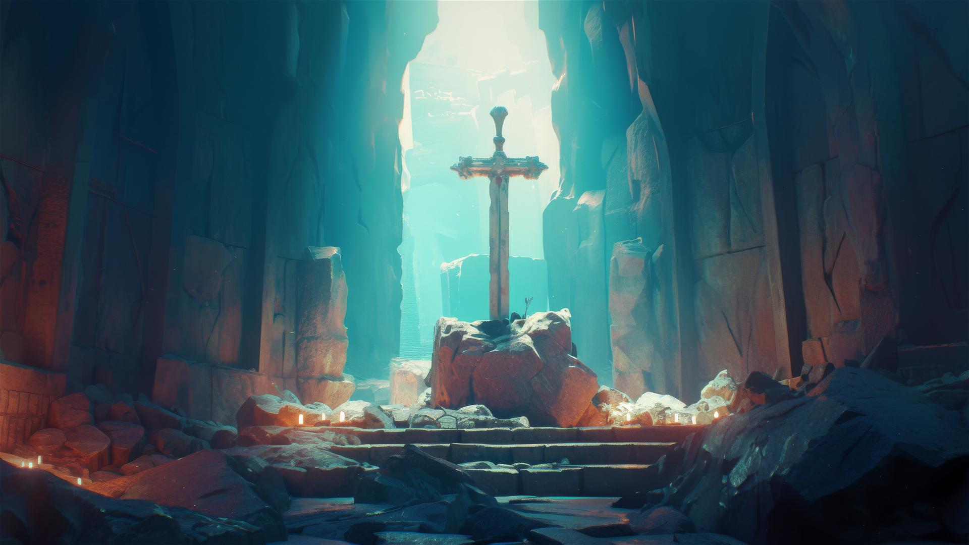 Double-edged sword on altar with faint glow and cinematic lighting.