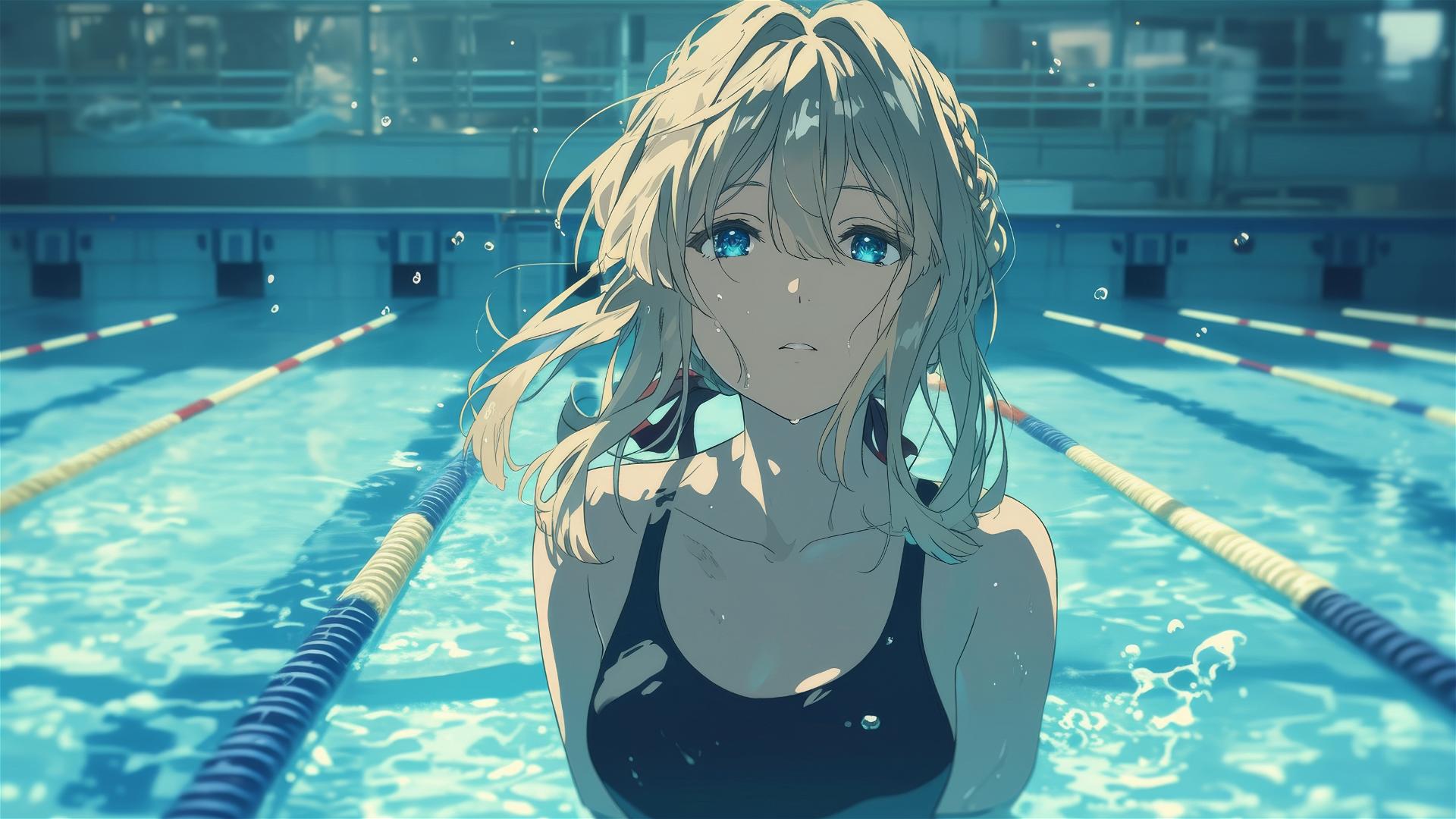 Violet Evergarden swimming under moonlight