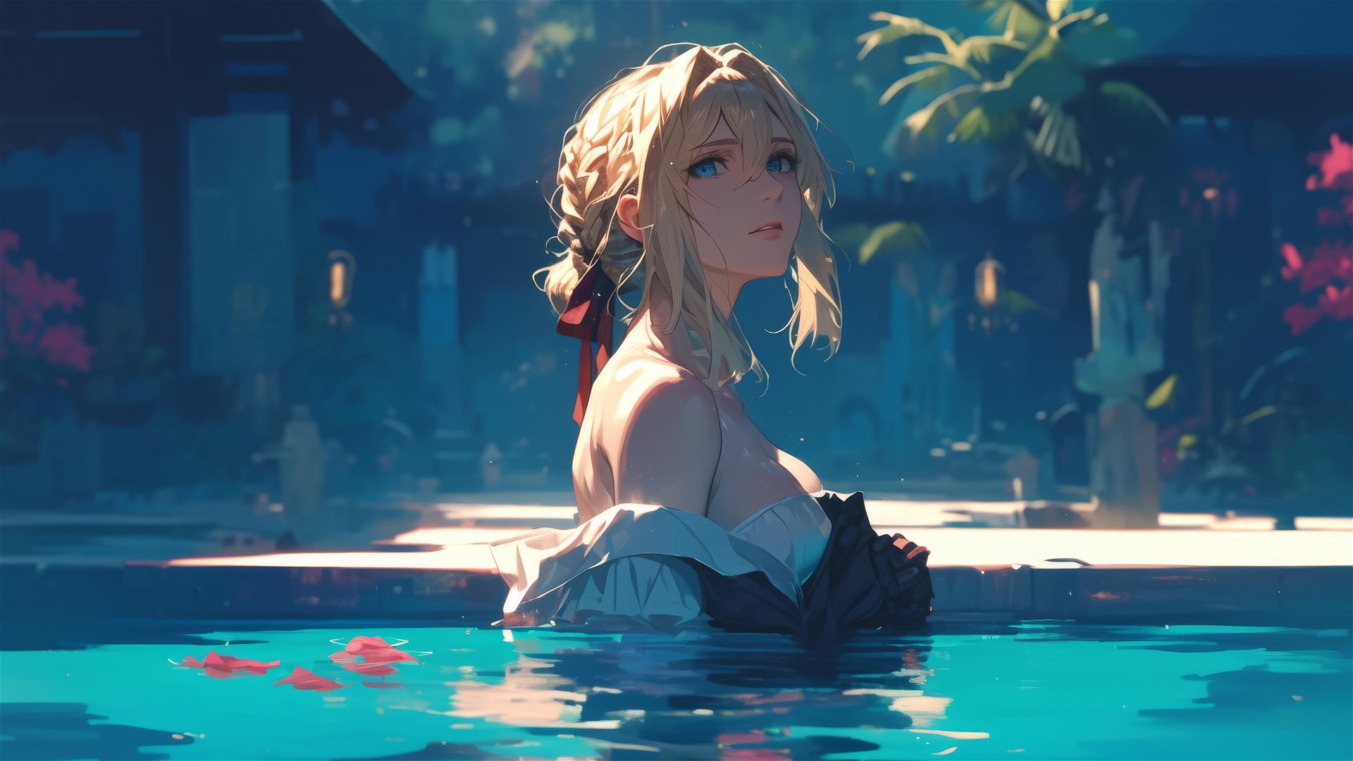 Violet Evergarden standing in a pool under moonlight