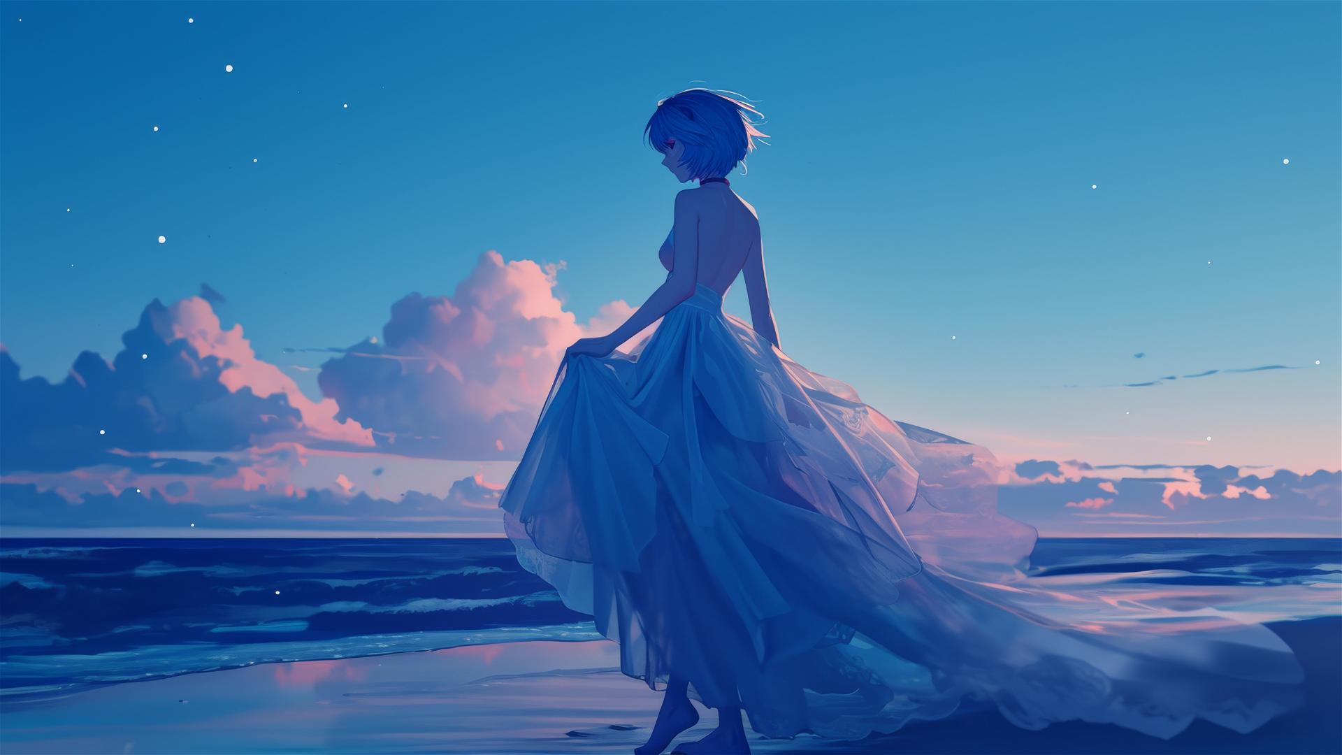 Rei Ayanami in a sleek gown on a moonlit beach with a sea breeze