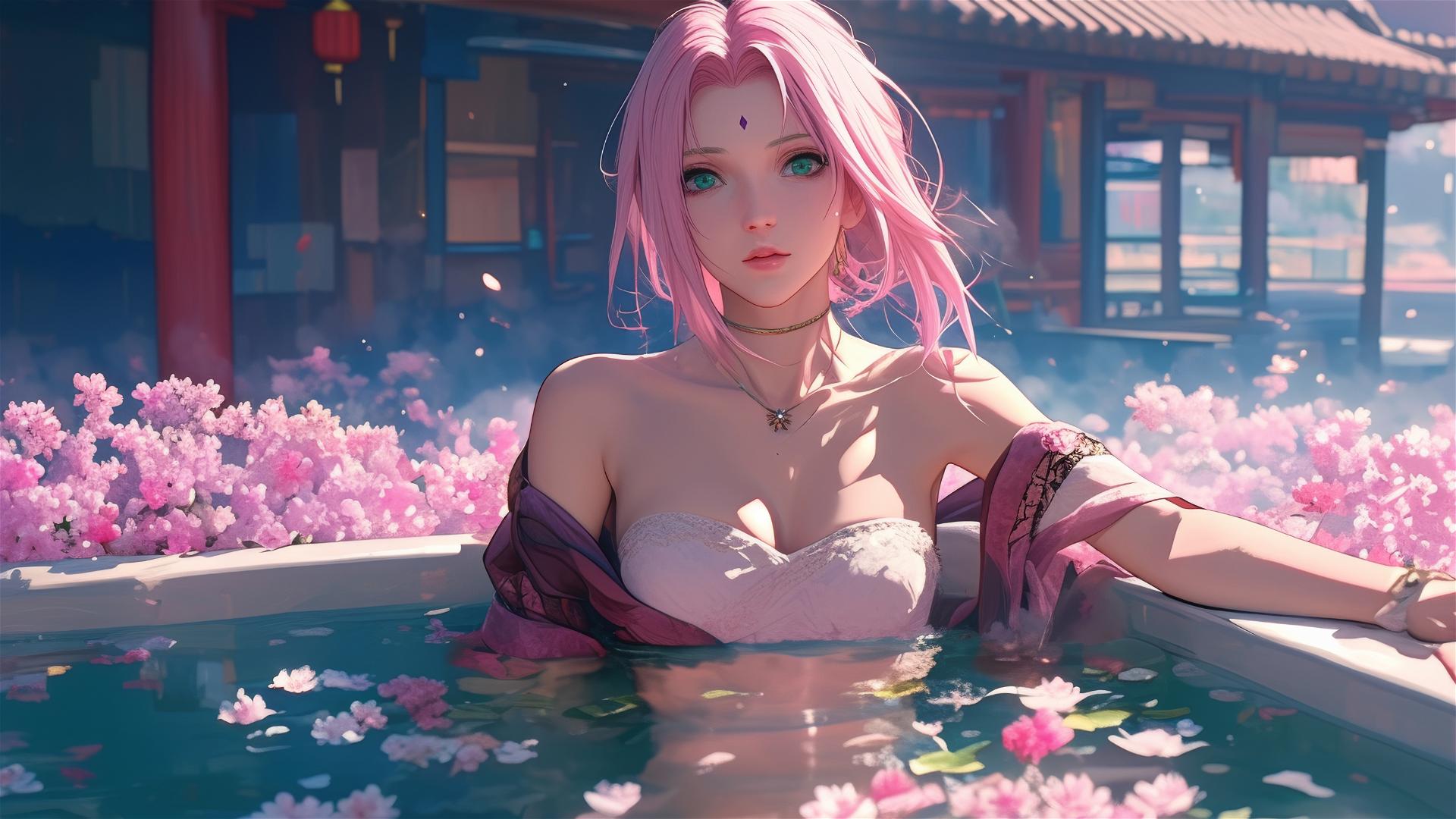 Sakura Haruno from Naruto in a flower-filled tub at a Chinese spa