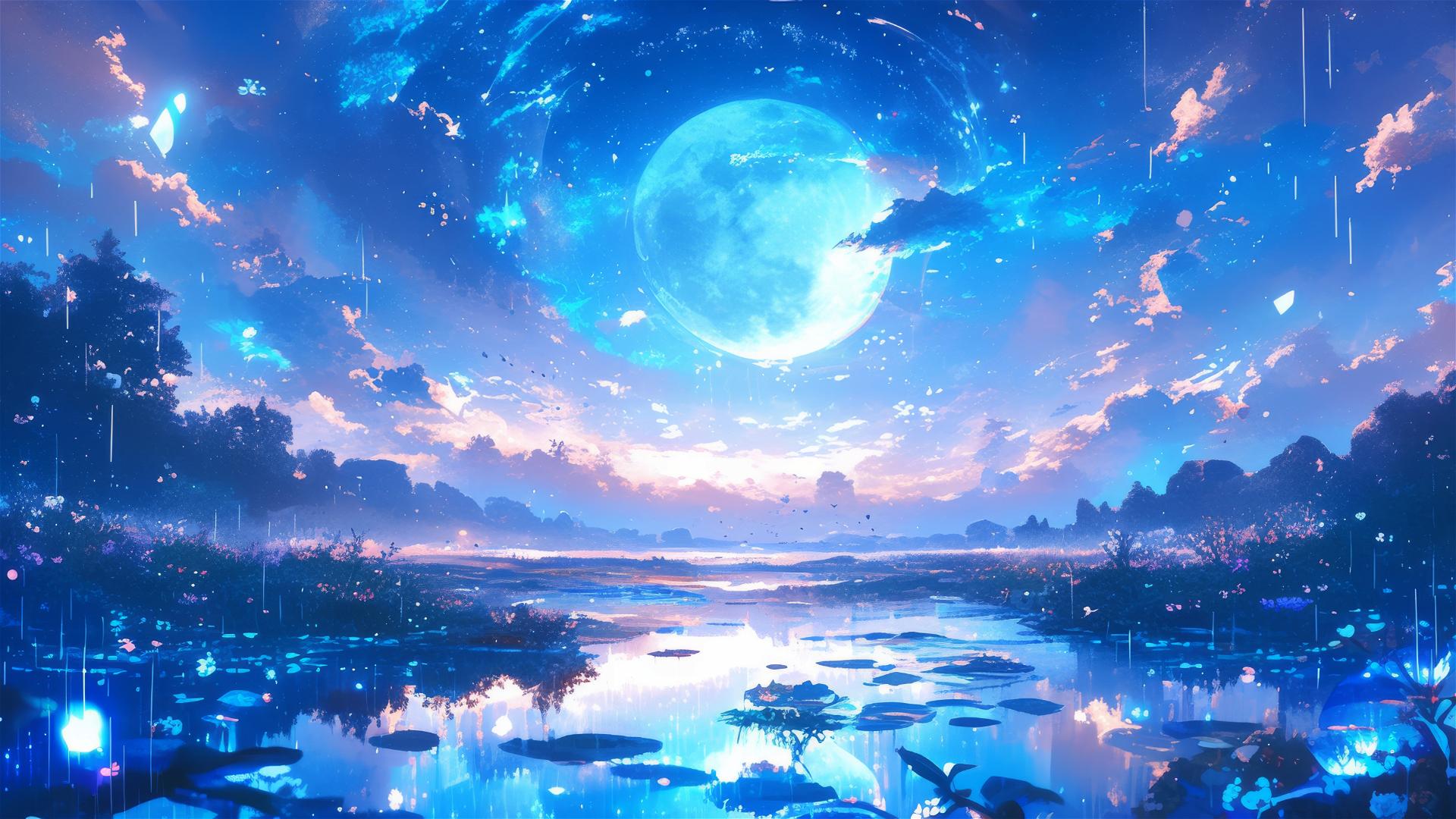 Holographic rain and full moon over silver landscape