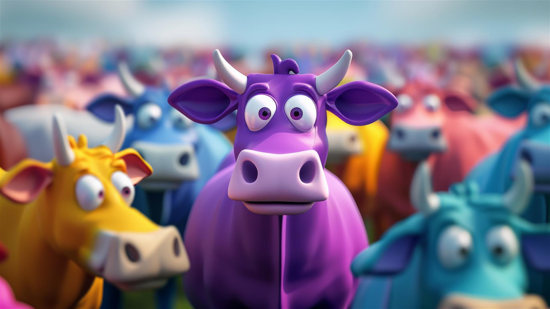 A single purple cow among plain colored cows, Disney Pixar style.